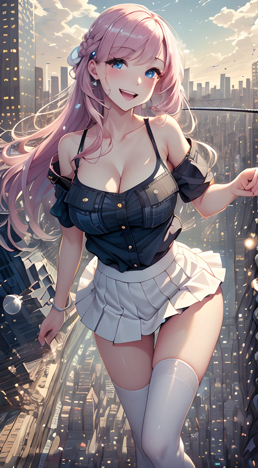 Official fine art,tmasterpiece,Sharp focus,(Beautiful gorgeous lovely Korean women:1.3),(beautiful lovely Korean people:1.3),South Korean beauties,Delicate and beautiful hair and eyes and face,realisticlying,ultra - detailed,a beauty girl,blue-sky,Glowing white particles,(sidelighting:1.2),rays of sunshine,baiyun,Detailed clouds,Slender,Cute big breasts and big buttocks,Toothy laughter,((Laugh and open your eyes)),scenecy,Long straight hair, sexy facial expression, buliding, (cityscape:1.7), Dynamic hair, Long straight hair, Delicate platinum-pink hair, glow blue eyes, (blue pleated shirt+white skirt), long white socks, paleskin, hair adornments, epic landscapes,Half chest,transparent panty