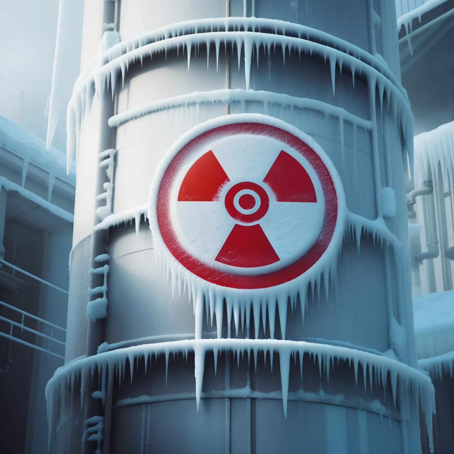 arafed sign on a pole with icicles hanging off of it, nuclear winter, nuclear reactor, reactor, nuclear waste, reactor core, nuclear, nuclear energy future, nuclear art, nuclear powered, nuclear power, nuclear wasteland, nuclear fashion, industrial futuristic ice mine, nuclear fallout, nuclear blast imminent, radioactive, post-nuclear, cherenkov radiation