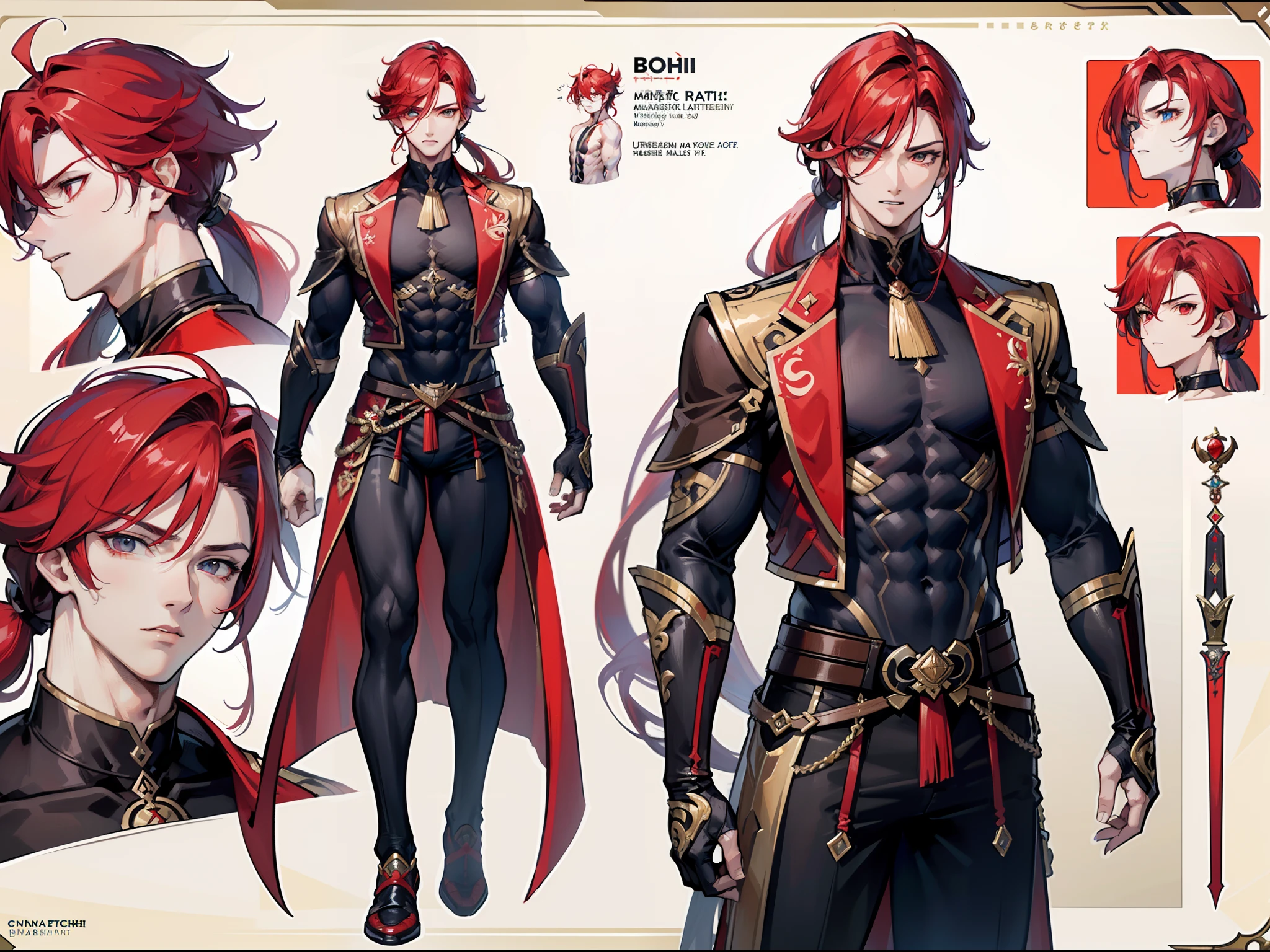 ((Masterpiece, Highest quality)), Male, boy,  Detailed face, character design sheet， full bodyesbian, Full of details, frontal body view, back body view, Highly detailed, Depth, Many parts, Muscle boy with ponytail long red hair，handsome man, muscle body, vampire outfit clothes, Genshin Impact, man tall, pectoral muscles, abs