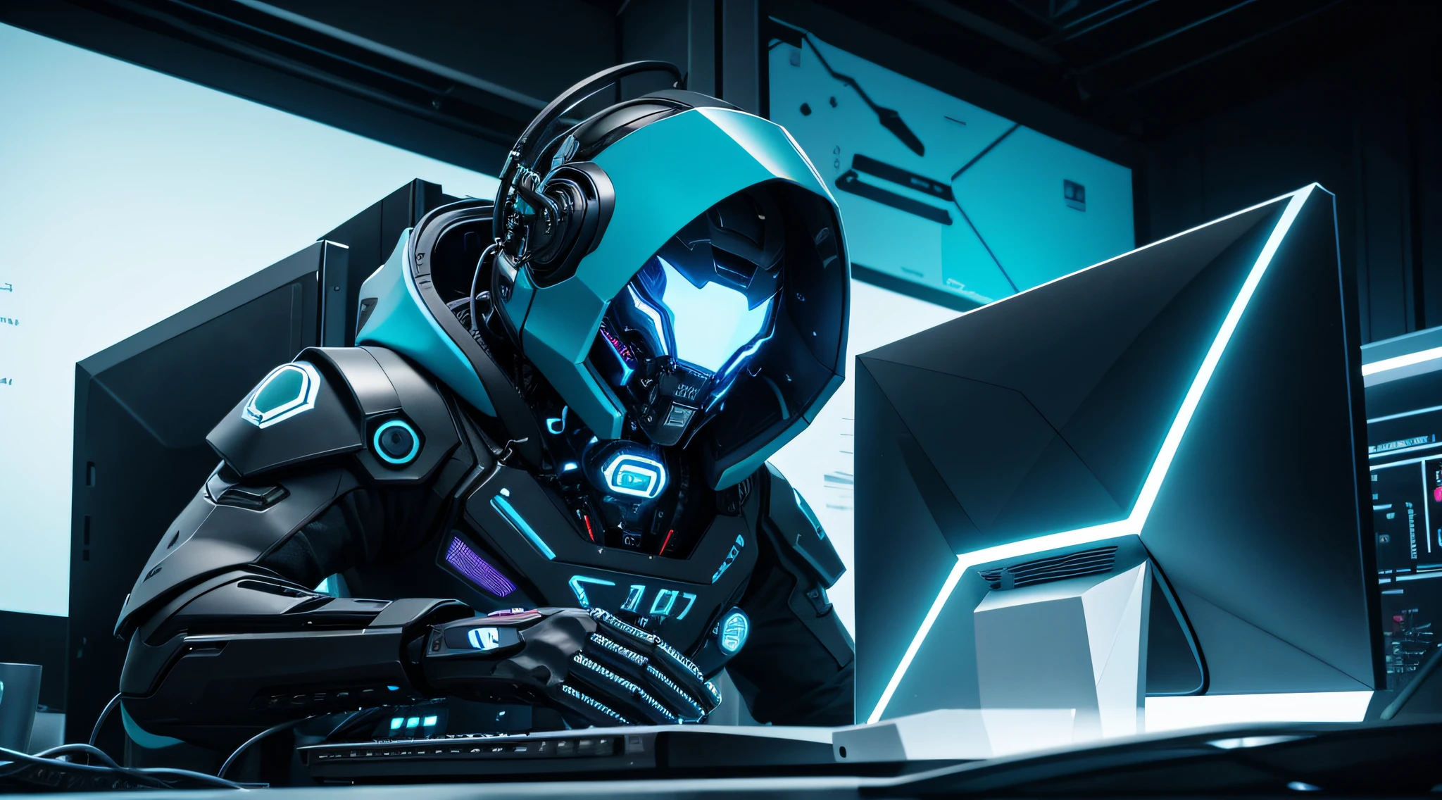"Desenvolva um papel de parede hacker futurista e estilizado para o meu computador. O papel de parede deve incorporar elementos de alta tecnologia, Codes, circuitos e uma paleta de cores predominante em tons de azul e verde. Make sure the design looks futuristic and intriguing, Conveying the feeling of a digital invasion. Can include lines of code, cybernetic symbols or any other element that suggests a hacker atmosphere. Make sure the resolution is suitable for a widescreen monitor with an aspect ratio of 16:9, and the image should be clear and of high quality. Use your creativity to create something that looks worthy of a hacker sci-fi movie."