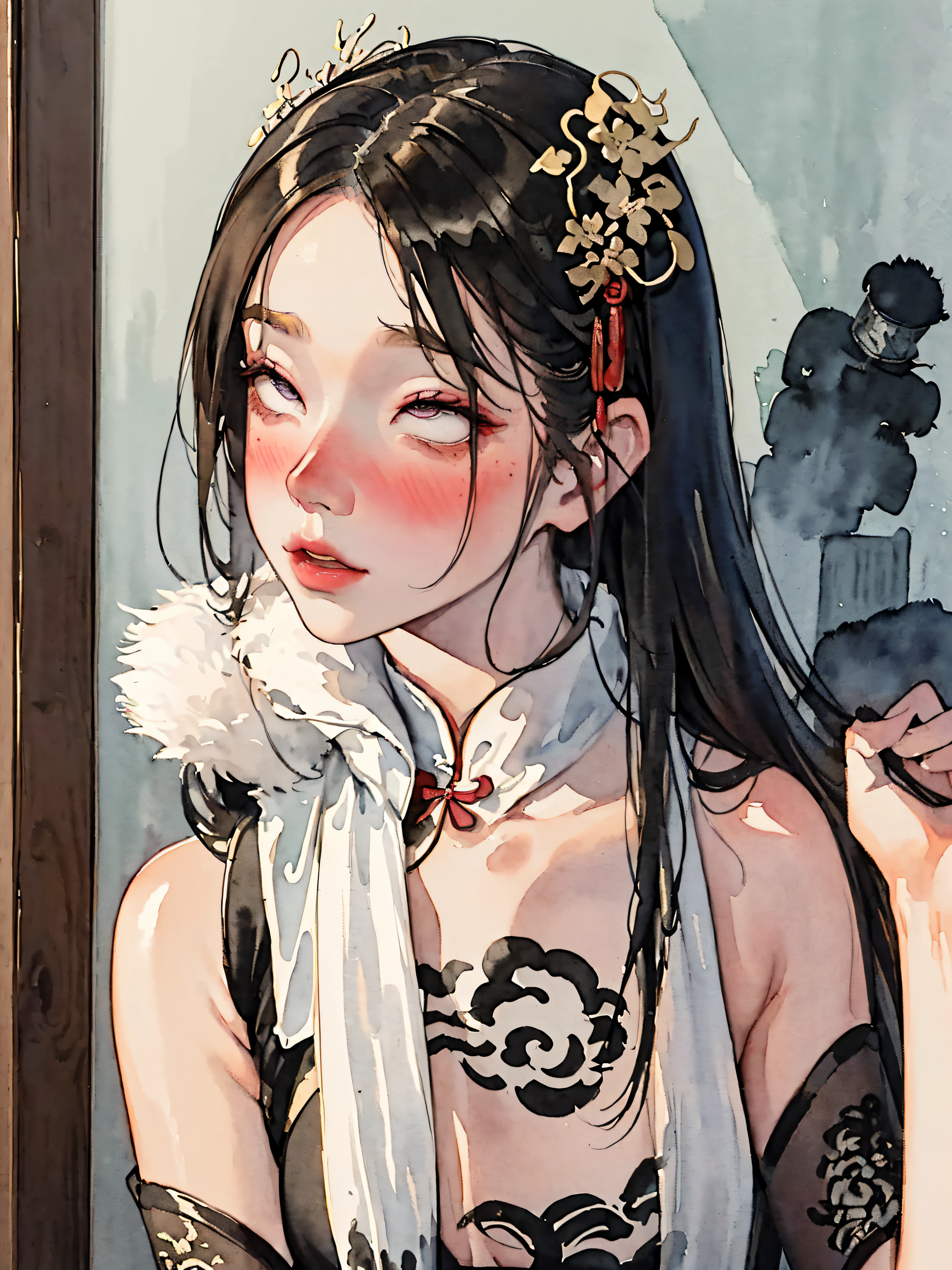 (((((((Chinese ink painting，watercolor paiting，ancient chinese qipao,wipe chest,blush，fur cuffs,)))))))，((1girl,young,amazing,sharp focus,adorable girl，Solo,))(Masterpiece,Best quality, offcial art, Beautiful and aesthetic:1.2),((超高分辨率,Golden ratio,)) (16k),((from above，succubi，busty body)),(Physically-based rendering),Amazing,Sharp focus, (((highdetailskin,))),Intricately detailed clothing，Delicate pupils,star pupils,crimson pupils,danfeng eye,((((detailed hair,long hair|Shaggy cut|Long bold side bangs|Sleek cut|Undercut)))),Slender,(masterpiece sidelighting),(The sheen),(beautiful hair,beautiful eyes,）[[Delicate fingers and hands:0.55]::0.85],(Detail fingers),((unbelievable Ridiculous,)),((extremely_Detailed_Eyes_and_face)),Movie girl,(Dynamic configuration: 1.2),Brilliant,Glossy, (Photorealistic), The light from the back window is backlighted,mitts, ((hairpin)), Side Rock,high boost, two-sided fabric,(dynamic pose),disheveled hair,Ultra-precise depiction, Ultra-detailed depiction,