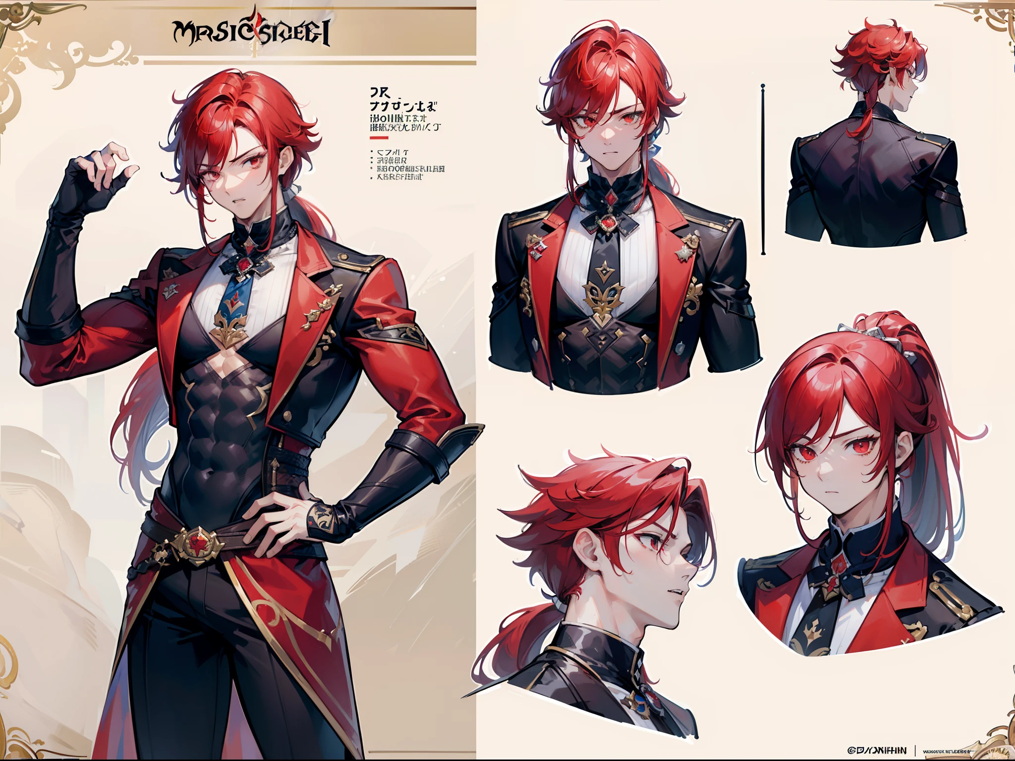 ((Masterpiece, Highest quality)), Male, boy,  Detailed face, character design sheet， full bodyesbian, Full of details, frontal body view, back body view, Highly detailed, Depth, Many parts, Muscle boy with ponytail long red hair，handsome man, muscle body, vampire outfit clothes, Genshin Impact, man tall, pectoral muscles, abs