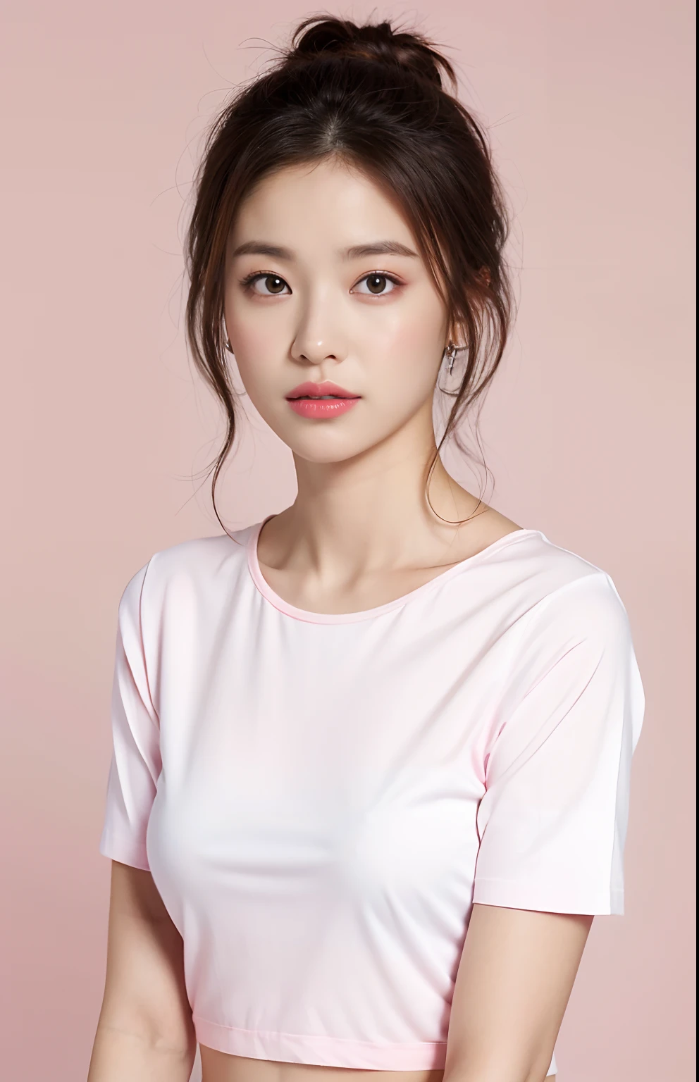 Best quality,masterpiece,ultra high res,(photorealistic:1.4),1girl, White short-sleeved T-shirt, in studio, pastel pink background,