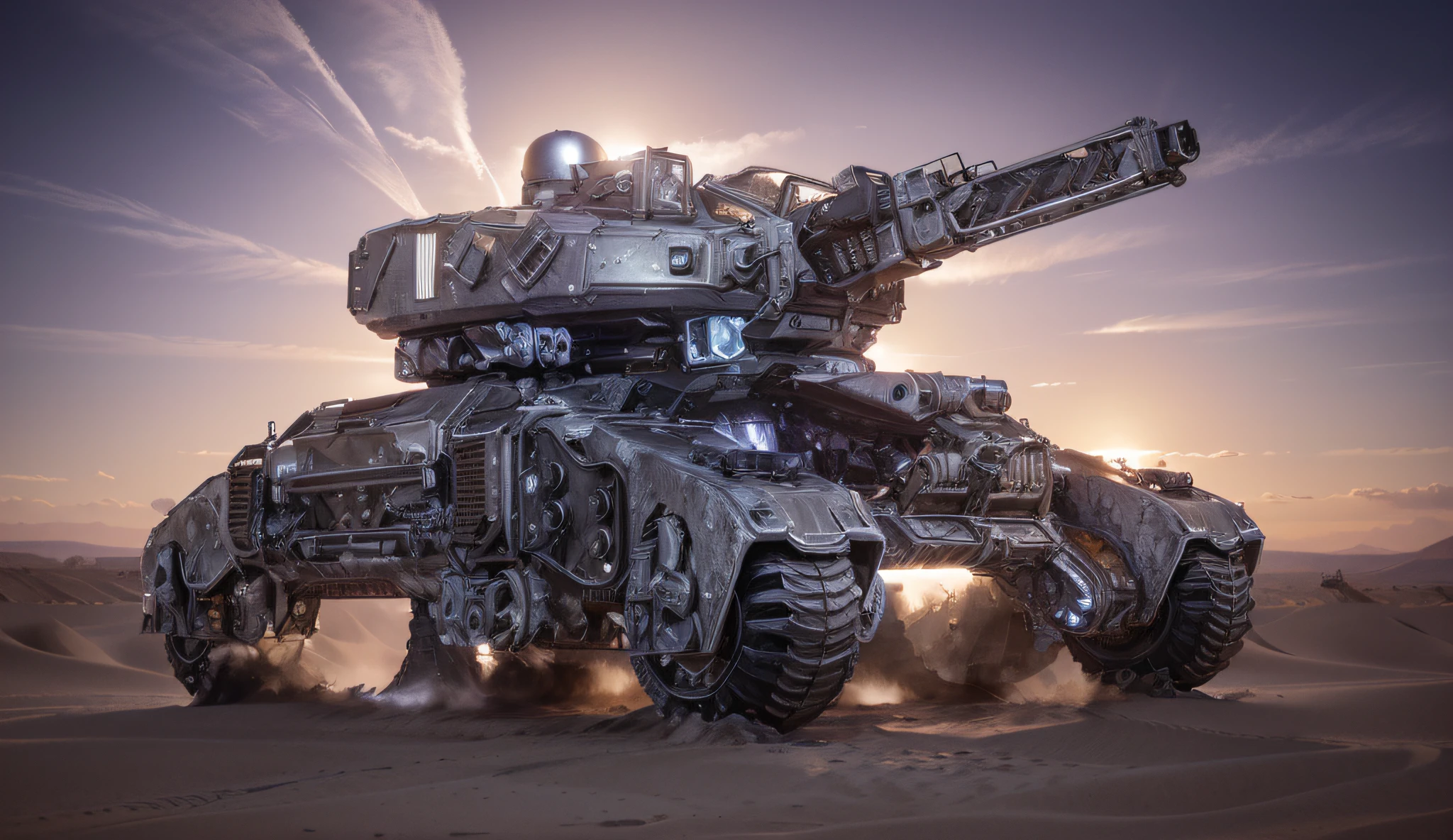biomechanical style tank, dark silver color with purple details, it is in a desert, Ultra detailed, Hyper realistic, 4k, Ultra detailed image, realistic, Highly detailed, perfect composition, beautiful intricately detailed incredibly detailed, 8K fine art photography, hyper detailed, Masterpiece