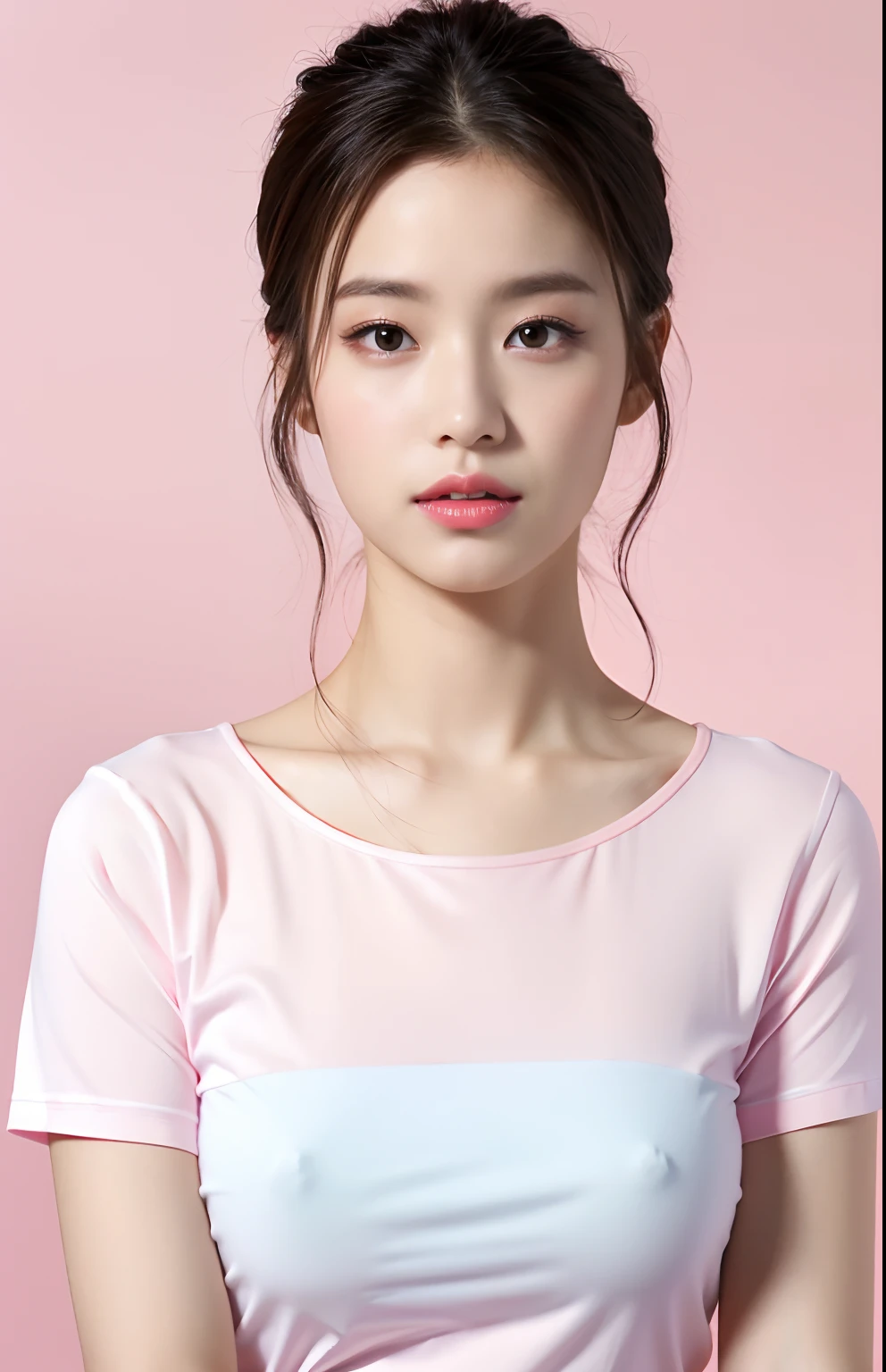 Best quality,masterpiece,ultra high res,(photorealistic:1.4),1girl, White short-sleeved T-shirt, in studio, pastel pink background,