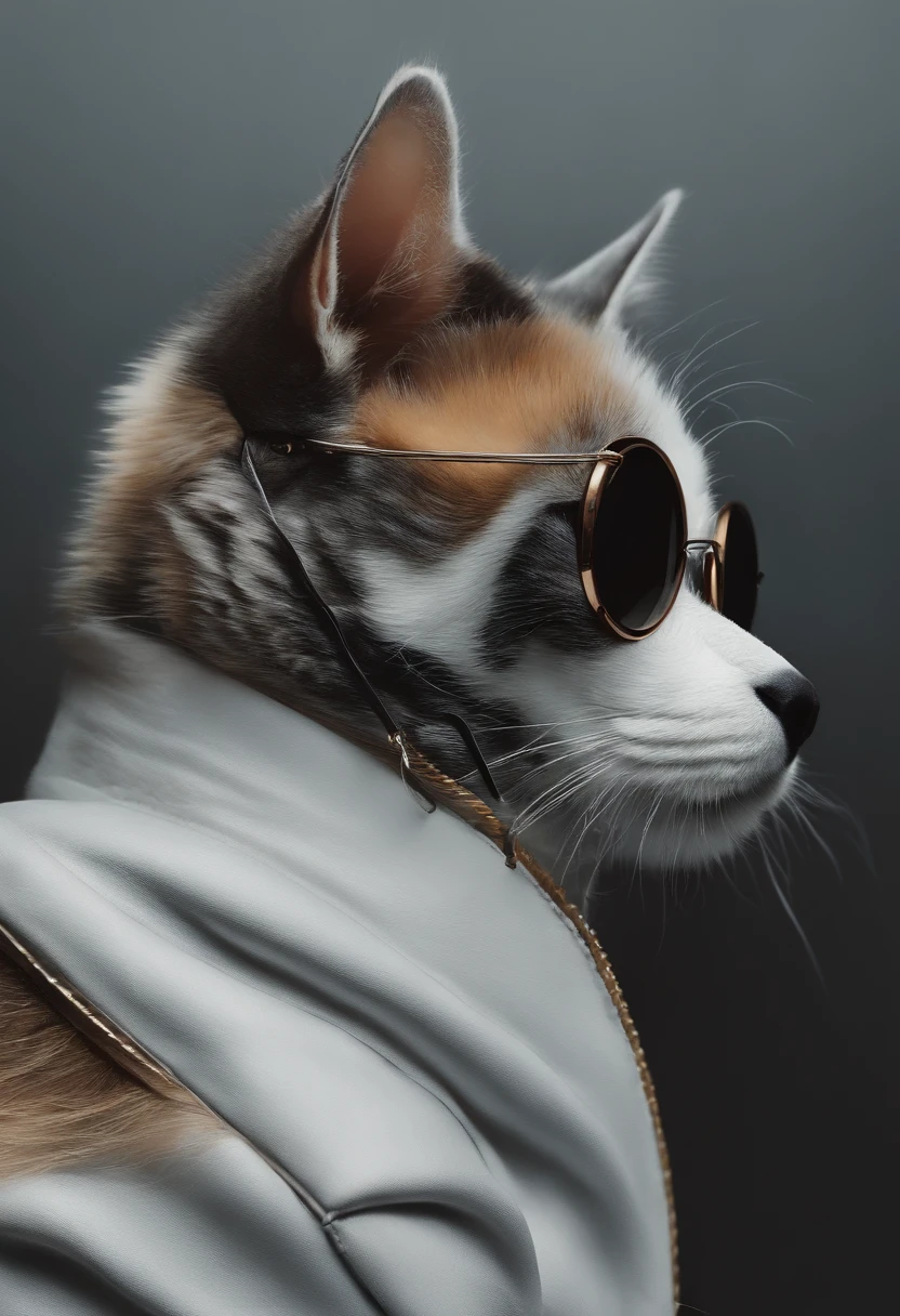 Perfect centralization, Um gatinho bonito por toda parte, Use uma jaqueta de estudante, wearing sunglasses, Usando fones de ouvido, Standing position, beleza abstrata, Centrado, looking at the camera, Facing the camera, nearing perfection, Dynamic, luar, altamente detalhado, pintura digital, art stations, Conceito-Arte, liso, foco nítido, 8k, high-definition resolution, illustration, arte de Carne Griffiths e Wadim Kashin, fundo branco