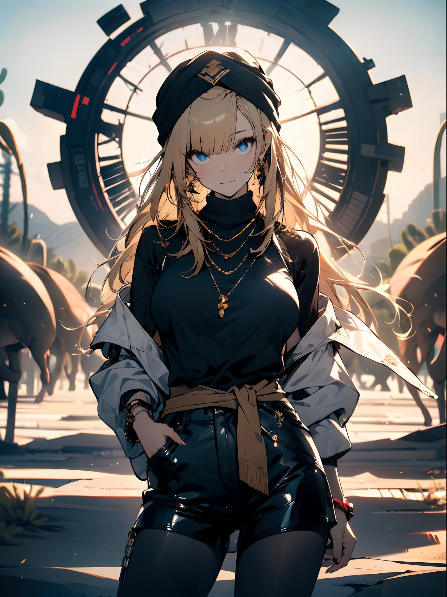 ((in a desert:1.5)), a matured woman with long hair and a white outfit, (resting in oasis:1.2), Arabic, Post apocalyps, from arknights, artwork in the style of guweiz, bodyesbian, fine details. girls frontline, beautiful anime illustration, from girls frontline, by Yang J, stunning, 26 years old, (solo:1.5), (sfw:1.25), sagging breast, large breasts, big tits, thin waist, big ass, Raised sexy, (dark mahogany medium long hair, updo, hair over one eye, asymmetric hair, Carly hair, low tied),(musulman, Headscarfs, hair bands, head vandage, Turban), (ultra high resolution, 8K RAW photo, photo realistics, weak outline:1.3, clear focus), best qualtiy, natural lighting, blurry back ground, field depth, (Bright pupils, detailed beautiful eyes, high detailed face), Red lip, looking at viewers, (tight focus:1.2, from below), sexy posing, seductive weak smiling, center image, (wearing white long jacket and clothes, wearing short pants, gold ornaments, white clothes rolling around waist, camel-brown long leather boots, translucent lace pantyhose), ((correct anatomy:1.5)), ((outdoor:1.2)),