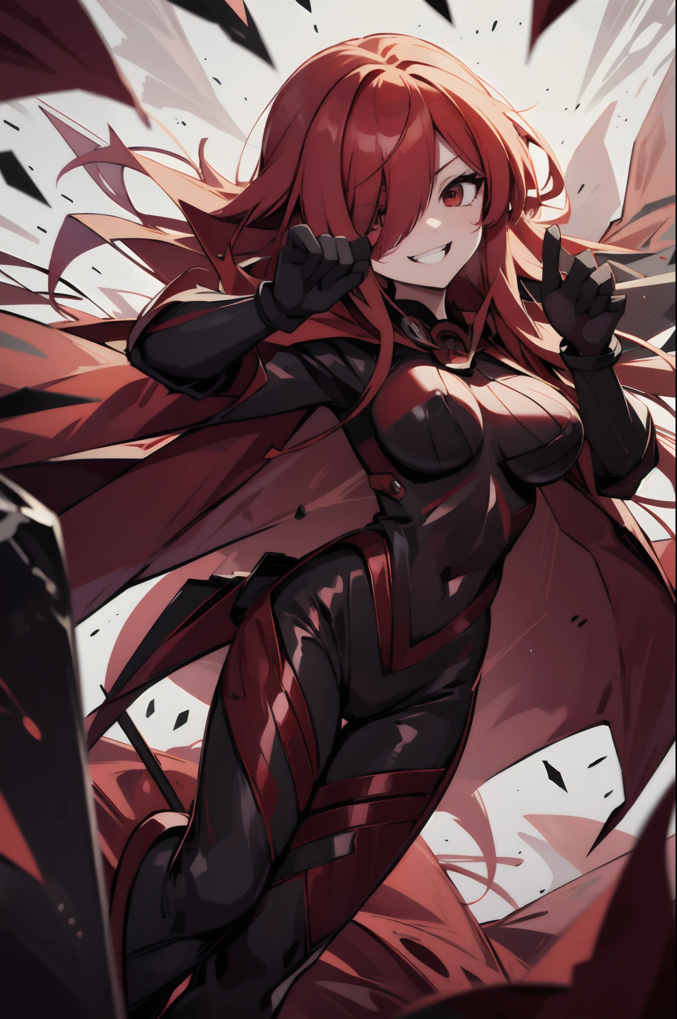 woman, red hair, long hair, anime, breasts, red eyes, comics, solo, hair over one eye, cape, red cape, bodysuit, bangs, large breasts, grin, black bodysuit, tocando baixo, Bass instrument in your hands, foto de corpo inteiro.