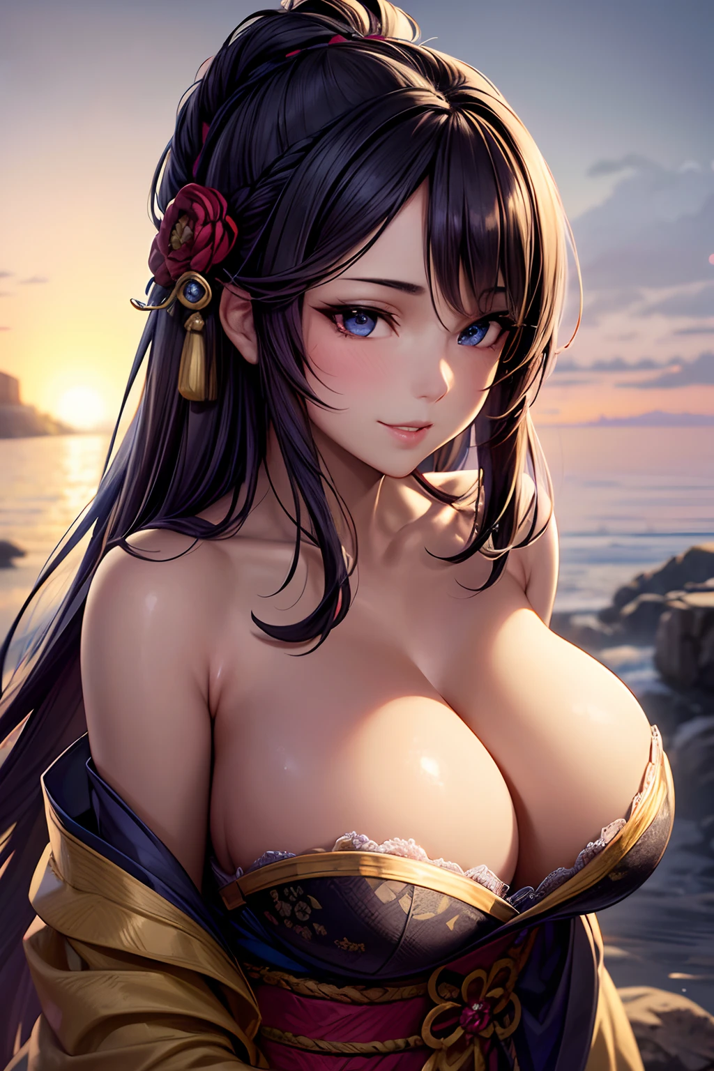 A beautiful flirtatiously smiling woman, a very busty ronin wearing gold lace kimono, Meiji restoration, blue eyes, yojimbo, cleavage, bare shoulders, HD, UHD, WLOP, Artgerm, French braid hairstyle, a view from the side and above, large anime eyes, realistic eyes, highly detailed eyes, natural skin, natural skin texture, subsurface scattering, muted colors, skin pores, perfect face, perfect eyes, perfect full lips, supple female form, vivid, cinematic, Film light, Hyper detailed, Hyper-realistic, masterpiece, atmospheric, High resolution, Vibrant, High contrast, dark angle, 8k, HDR, 500px, Art by Redjuice