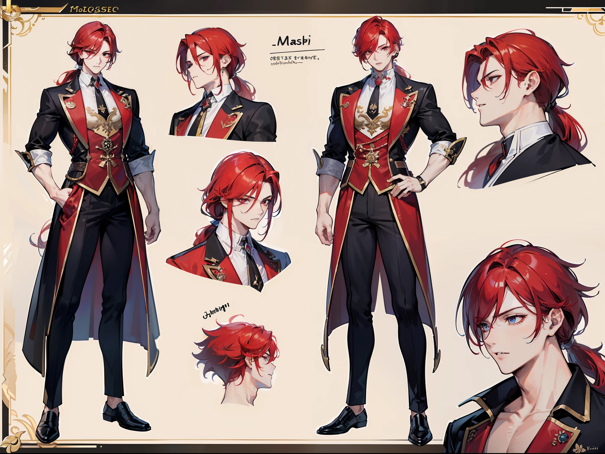 ((Masterpiece, Highest quality)), Male, boy, Detailed face, character design sheet, full bodyesbian, Full of details, frontal body view, back body view, Highly detailed, Depth, Many parts, Muscle boy with ponytail long red hair,handsome man, muscle body, vampire outfit clothes, Genshin Impact, man tall,