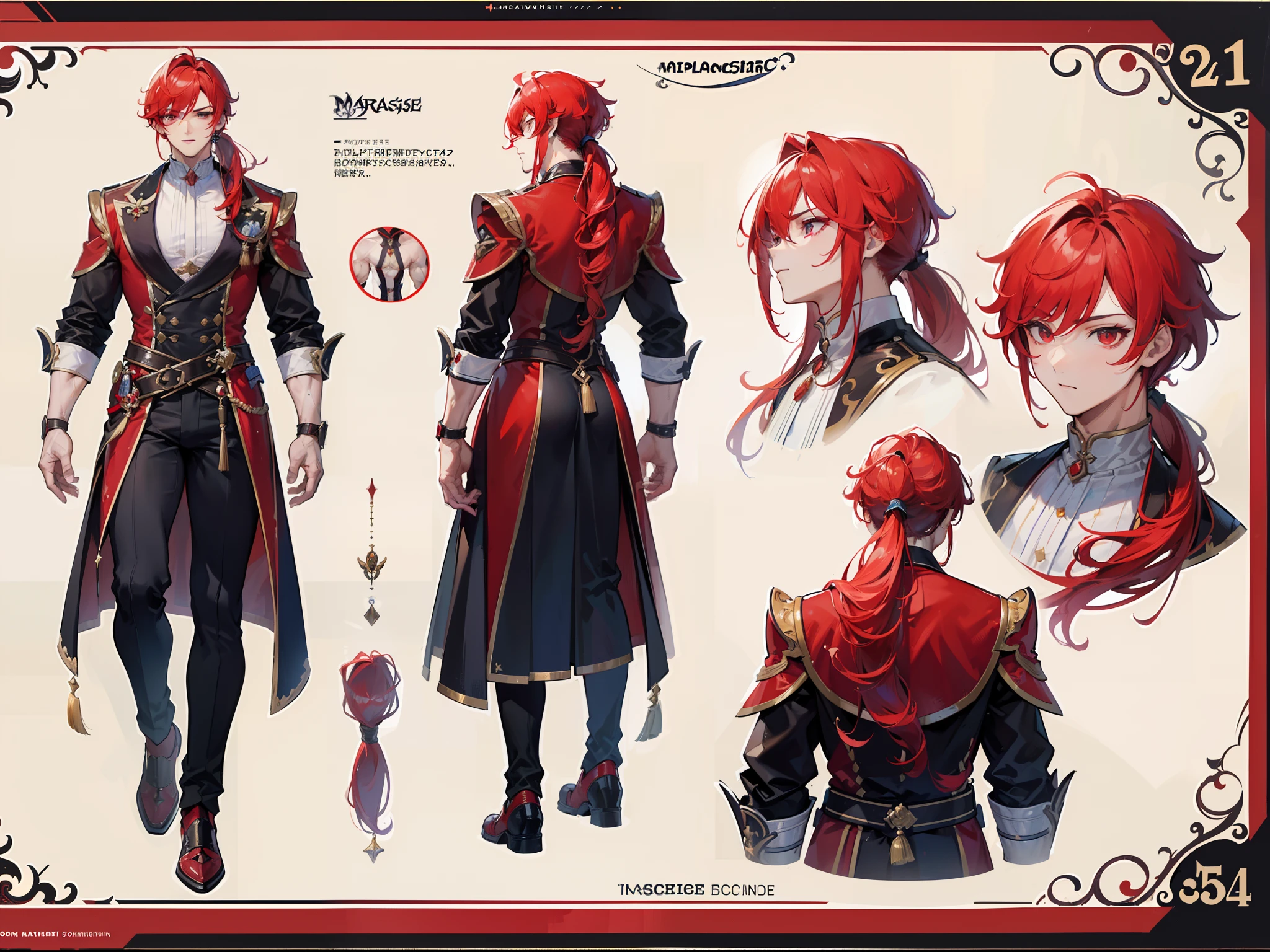 ((Masterpiece, Highest quality)), Male, boy, Detailed face, character design sheet, full bodyesbian, Full of details, frontal body view, back body view, Highly detailed, Depth, Many parts, Muscle boy with ponytail long red hair,handsome man, muscle body, vampire outfit clothes, Genshin Impact, man tall,