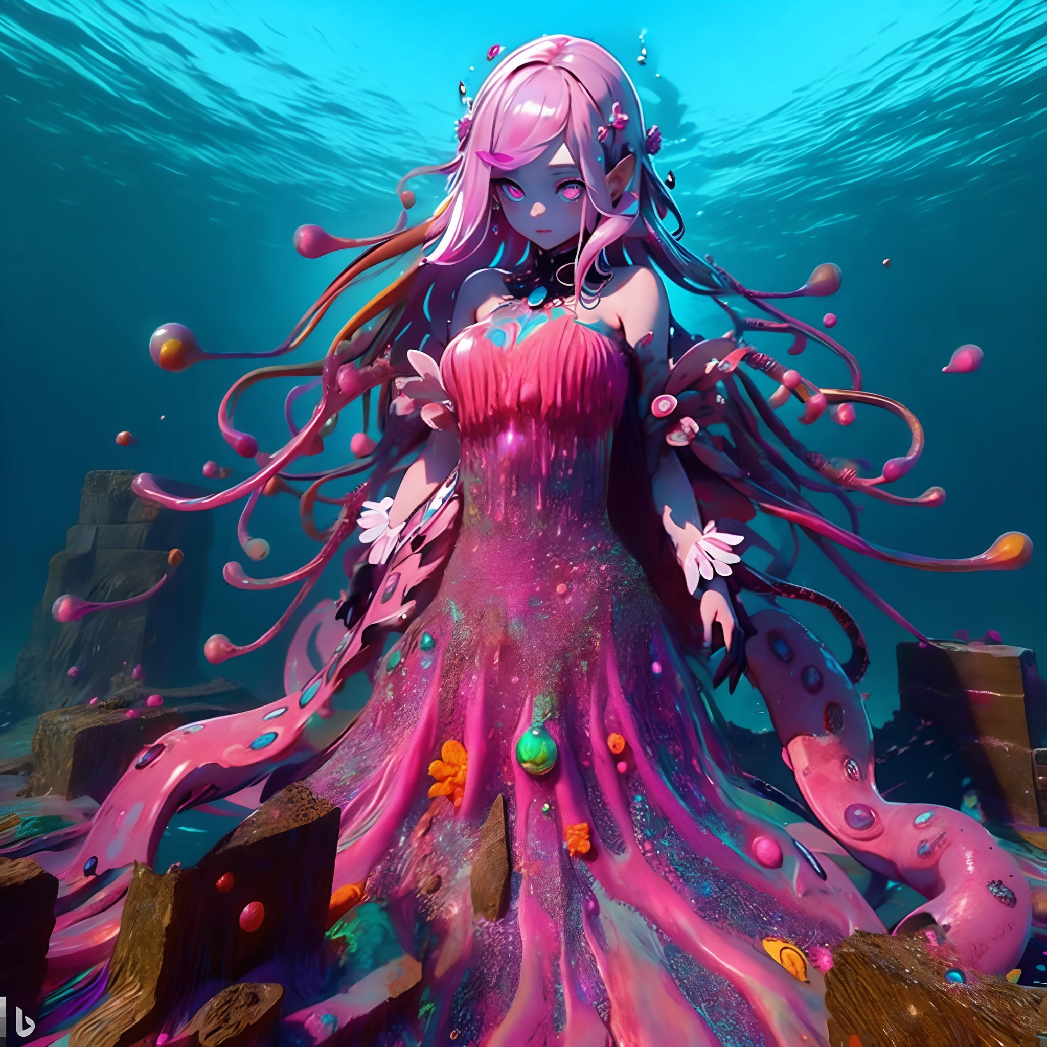 A giant girl on the ocean floor. Her dress is mainly pink, with seven colors of luster. She has psychedelic colors. Shiny like an oil film. Her eyes shine mysteriously. Tentacles. Darkness. Ruins on the ocean floor.