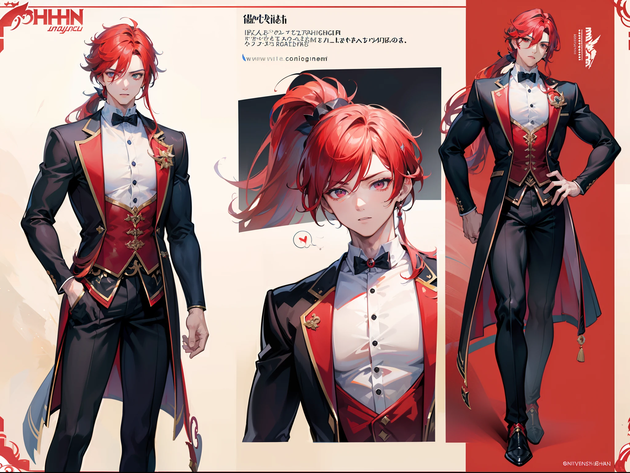 ((Masterpiece, Highest quality)), Male, boy, Detailed face, character design sheet， full bodyesbian, Full of details, frontal body view, back body view, Highly detailed, Depth, Many parts, Muscle boy with ponytail long red hair，handsome man, muscle body, vampire outfit clothes, Genshin Impact, man tall,