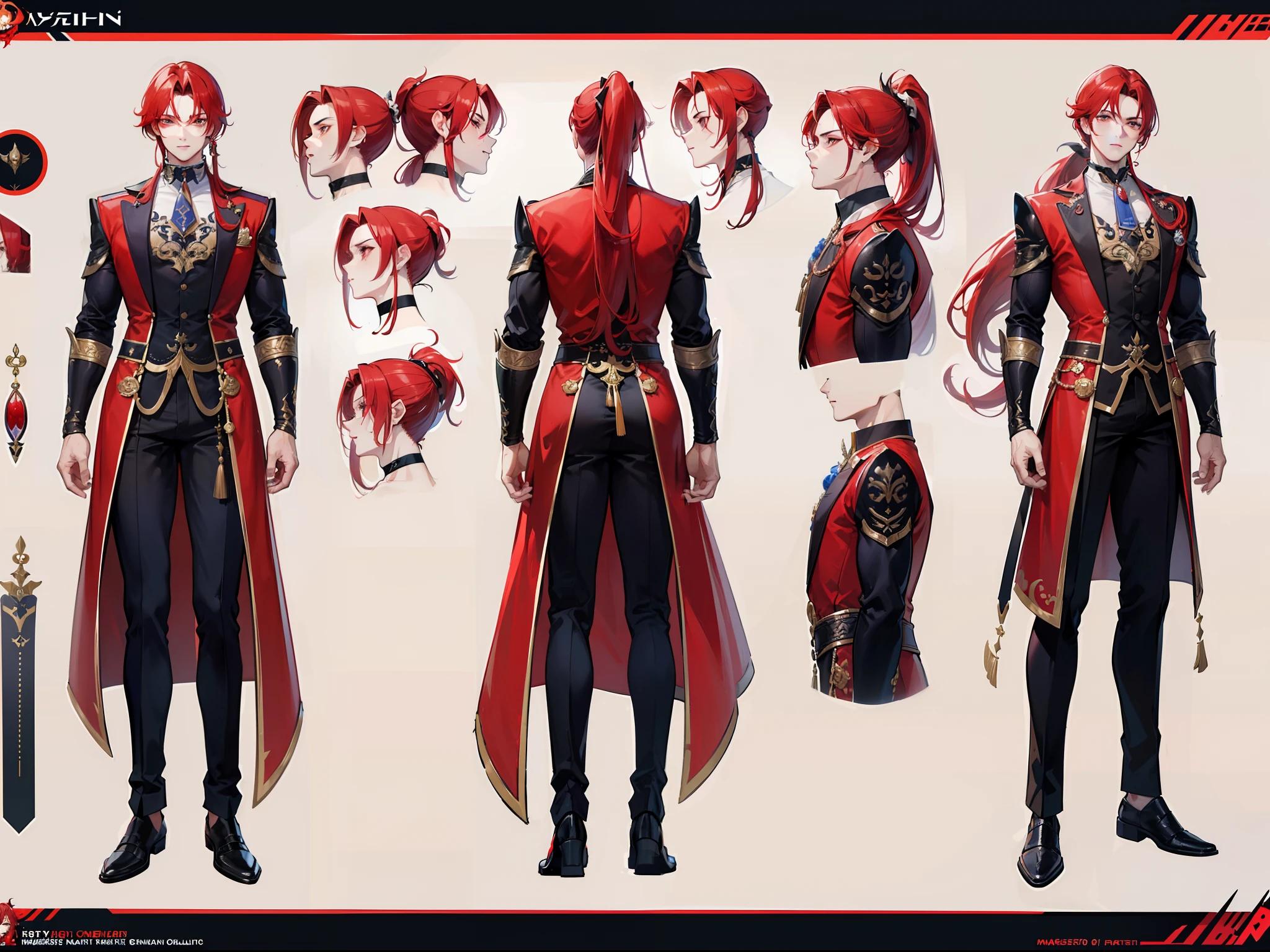 ((Masterpiece, Highest quality)), Male, boy, Detailed face, character design sheet, full bodyesbian, Full of details, frontal body view, back body view, Highly detailed, Depth, Many parts, Muscle boy with ponytail long red hair,handsome man, muscle body, vampire outfit clothes, Genshin Impact, man tall,