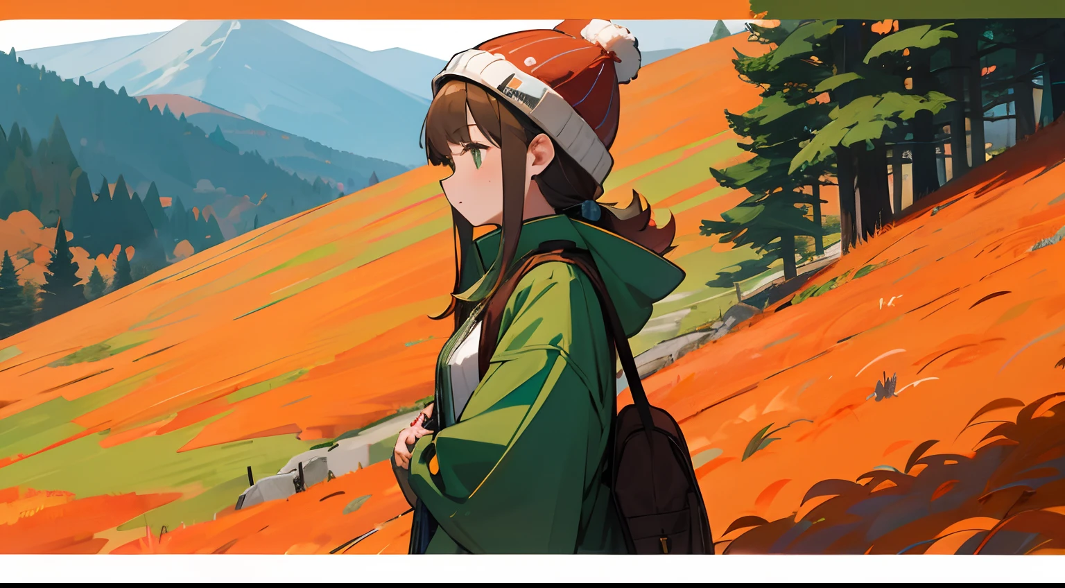 Mountain Girl、autumnal、Colored leaves、deers、Green windbreaker、knit hat、animesque