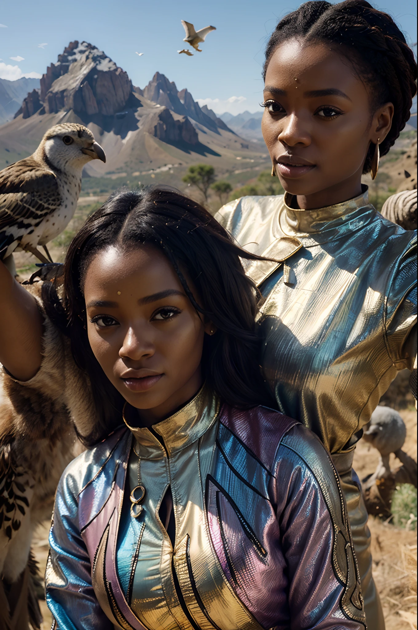 African woman dressed in african designed clothes, mountain climbing, taking a selfie, with a flock of different bird species flying in the sky, daylight shining with beautiful, iridescent light, artgerm style, 32k, ultra HD, unreal engine rendered, hyper-realistic image