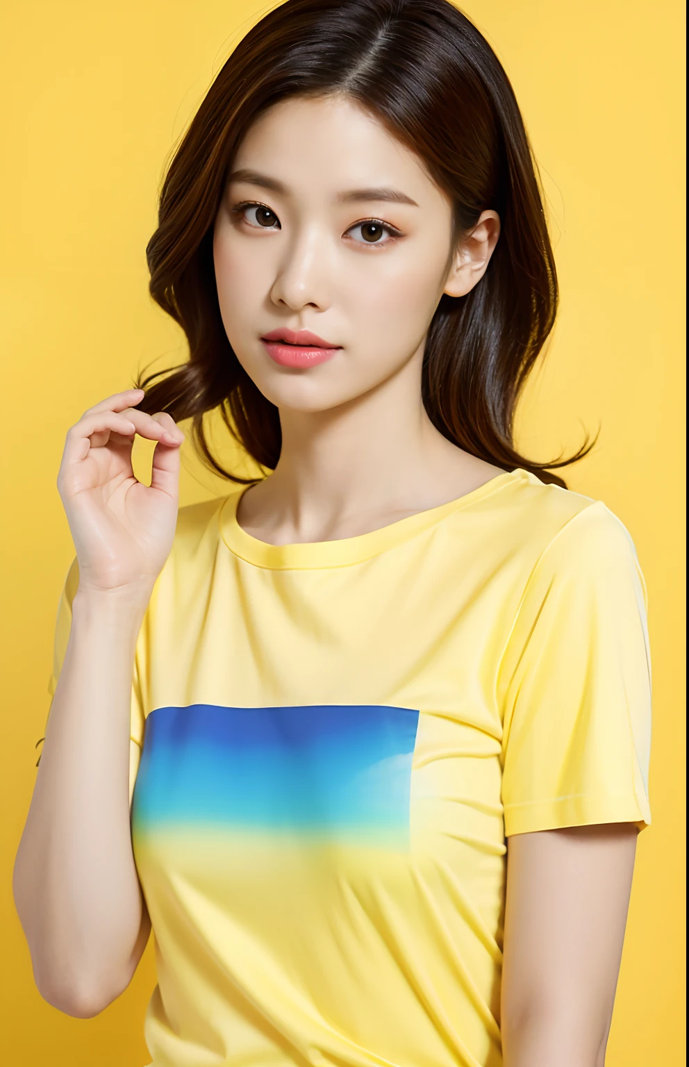 Best quality,masterpiece,ultra high res,(photorealistic:1.4),1girl, White short-sleeved T-shirt, in studio, pastel yellow background,