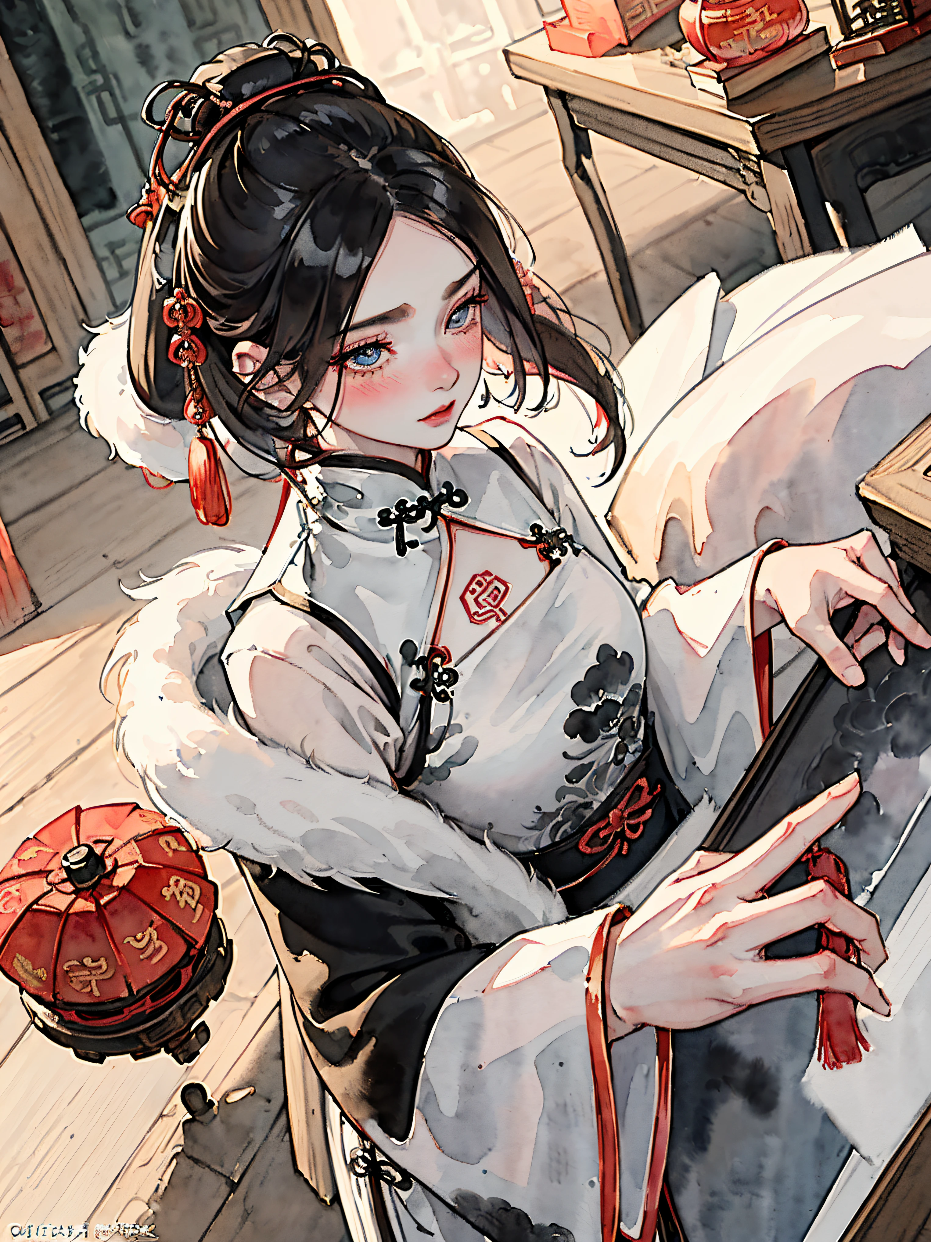 (((((((Chinese ink painting，watercolor paiting，ancient chinese qipao,tongue from mouth,blush，fur cuffs,)))))))，((1girl,under-aged,amazing,sharp focus,seductive girl，Solo,))(Masterpiece,Best quality, offcial art, Beautiful and aesthetic:1.2),((超高分辨率,Golden ratio,)) (16k),((upper short,focus on face,succubi，busty body,big breast)),(Physically-based rendering),Amazing,Sharp focus, (((highdetailskin,))),Intricately detailed clothing，Delicate pupils,heart pupils,crimson pupils,danfeng eye,((((detailed hair,long hair|Shaggy cut|Long bold side bangs|Undercut)))),Slender,(masterpiece sidelighting),(The sheen),(beautiful hair,beautiful eyes,）[[Delicate fingers and hands:0.55]::0.85],(Detail fingers),((unbelievable Ridiculous,)),((extremely_Detailed_Eyes_and_face)),Movie girl,(Dynamic configuration: 1.2),Brilliant,Glossy, (Photorealistic), mitts, ((hairpin)), two-sided fabric,(dynamic pose),disheveled hair,Ultra-precise depiction, Ultra-detailed depiction,
