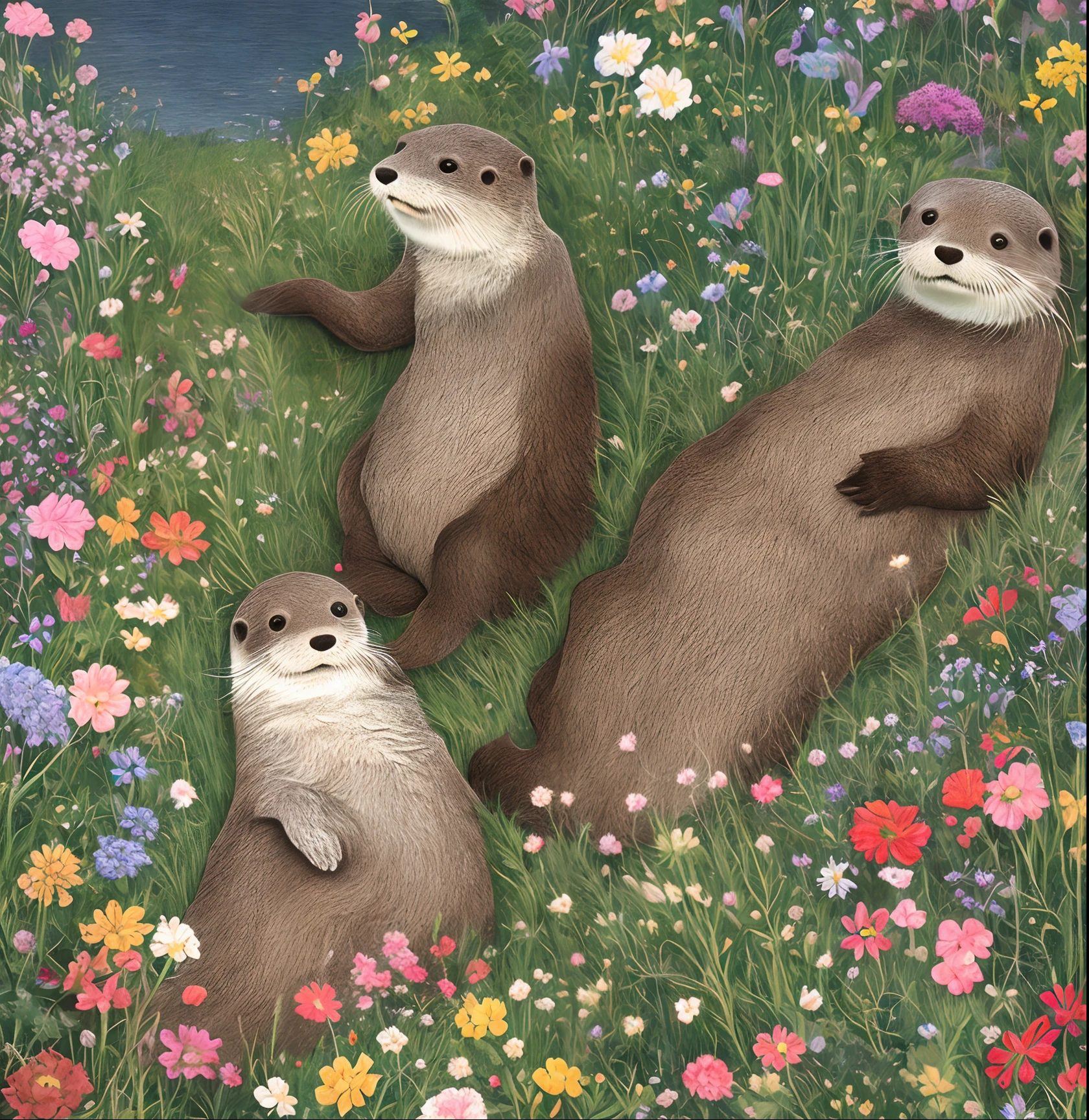 Male otter in fisherman sweater, female cat in floral dress, field of flowers, Beatrix potter, holding hands, fairy tale