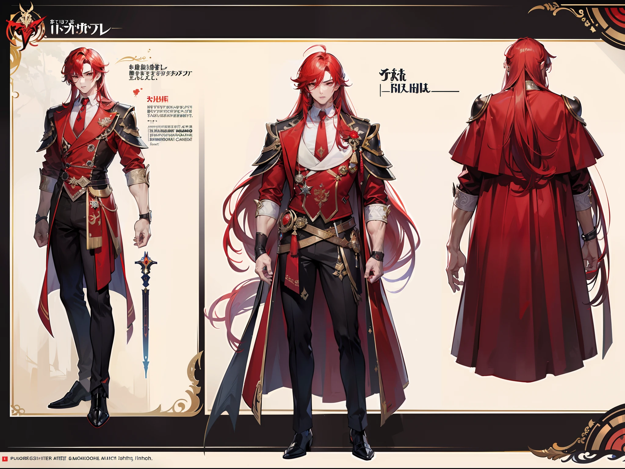 ((Masterpiece, Highest quality)), Male, boy, Detailed face, character design sheet, full bodyesbian, Full of details, frontal body view, back body view, Highly detailed, Depth, Many parts, Muscle boy with long red hair with long bangs,handsome man, muscle body, vampire outfit clothes, Genshin Impact, man tall