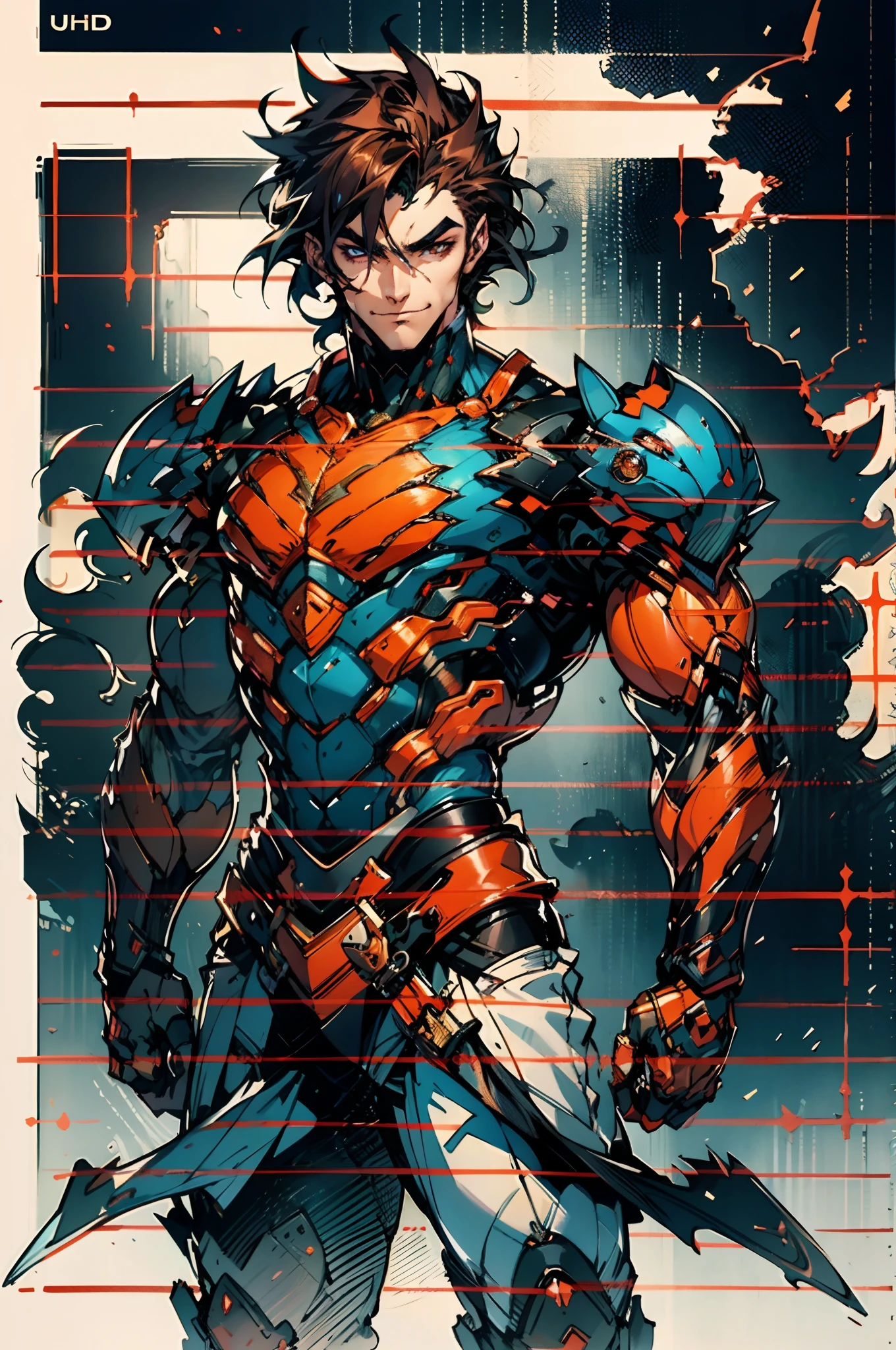 A young man with short orange-brown hair, a wild hairstyle, knife-like thick eyebrows, bright and spirited big eyes, a fearless expression, a smile at the corner of his mouth, he wears a bizarre fantasy surreal-style chest armor with scales textures, wearing a dark bodysuit underneath, fingerless gloves, a beautifully fur belt around his waist, matching coarse cloth trousers, undaunted and wild posture, the background depicts a torn sky and earth, this character embodies a finely crafted fantasy surreal-style in anime style, characterized by an exquisite and mature manga illustration art style, high definition, best quality, highres, ultra-detailed, ultra-fine painting, extremely delicate, professional, anatomically correct, symmetrical face, extremely detailed eyes and face, high quality eyes, creativity, RAW photo, UHD, 8k, Natural light, cinematic lighting, masterpiece-anatomy-perfect, masterpiece:1.5