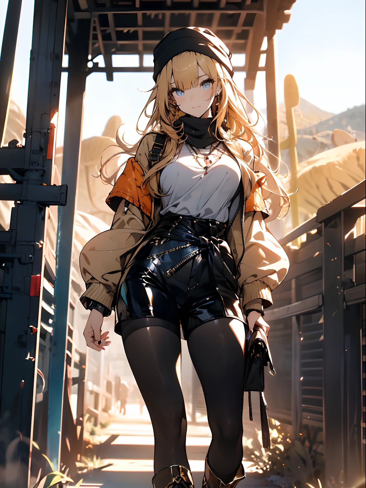 ((in a desert:1.5)), a matured woman with long hair and a white outfit, (resting in oasis:1.2), Arabic, Post apocalyps, from arknights, artwork in the style of guweiz, bodyesbian, fine details. girls frontline, beautiful anime illustration, from girls frontline, by Yang J, stunning, 26 years old, (solo:1.5), (sfw:1.25), sagging breast, large breasts, big tits, thin waist, big ass, Raised sexy, (dark mahogany medium long hair, updo, hair over one eye, asymmetric hair, Carly hair, low tied),(musulman, Headscarfs, hair bands, head vandage, Turban), (ultra high resolution, 8K RAW photo, photo realistics, weak outline:1.3, clear focus), best qualtiy, natural lighting, blurry back ground, field depth, (Bright pupils, detailed beautiful eyes, high detailed face), Red lip, looking at viewers, (tight focus:1.2, from below), sexy posing, seductive weak smiling, center image, (wearing white long jacket and clothes, wearing short pants, gold ornaments, white clothes rolling around waist, camel-brown long leather boots, translucent lace pantyhose), ((correct anatomy:1.5)), ((outdoor:1.2)),