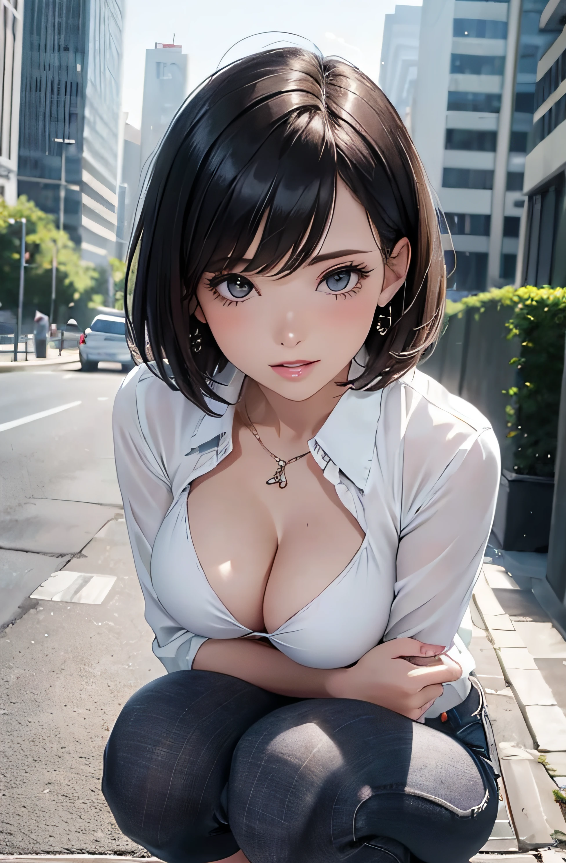 girl in summer clothes, white blouse and jeans, squatting on the ground, black pantyhose, making as if she wants to kiss you, view from the viewer, short hair, medium breasts, cleavage, cityscape, flirtatious look, ((very detailed)), (perfectly detailed face), (well detailed hand) photorealistic image.
