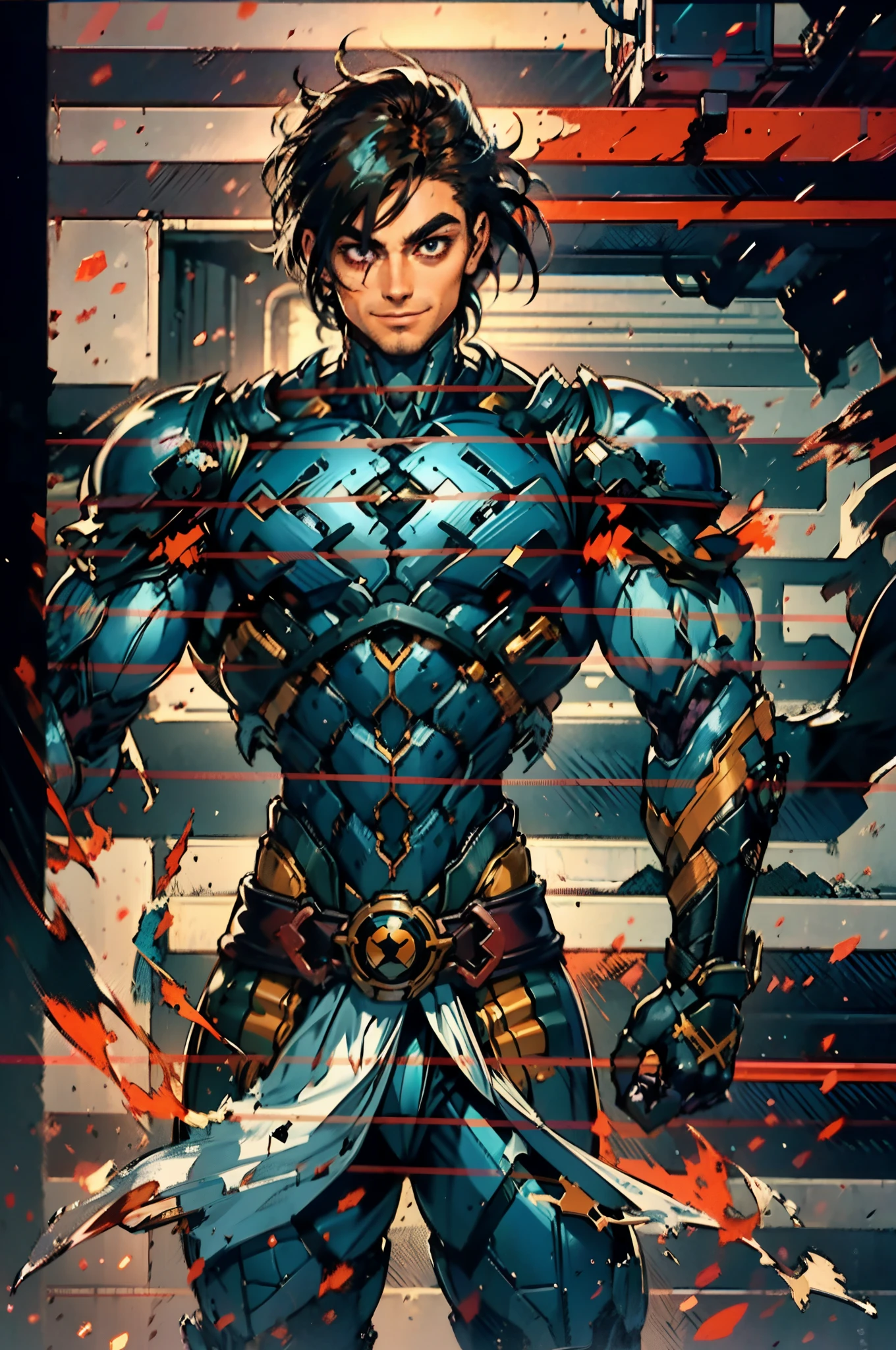 A young man with short orange-brown hair, a wild hairstyle, knife-like thick eyebrows, bright and spirited big eyes, a fearless expression, a smile at the corner of his mouth, he wears a bizarre fantasy surreal-style chest armor with scales textures, wearing a dark bodysuit underneath, fingerless gloves, a beautifully fur belt around his waist, matching coarse cloth trousers, undaunted and wild posture, the background depicts a torn sky and earth, this character embodies a finely crafted fantasy surreal-style in anime style, characterized by an exquisite and mature manga illustration art style, high definition, best quality, highres, ultra-detailed, ultra-fine painting, extremely delicate, professional, anatomically correct, symmetrical face, extremely detailed eyes and face, high quality eyes, creativity, RAW photo, UHD, 8k, Natural light, cinematic lighting, masterpiece-anatomy-perfect, masterpiece:1.5