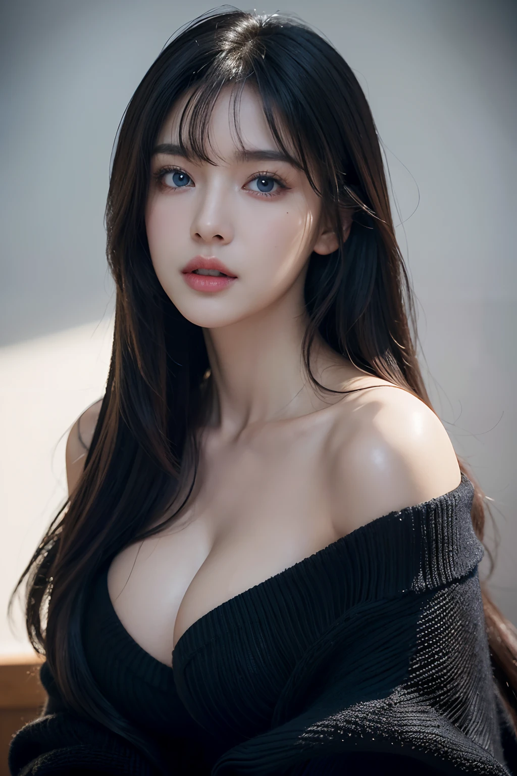 ultra high res,masterpiece,best quality, ,perfect glossy shiny skins, perfect lighting, detailed lighting, dramatic shadows,ray tracing, 1girl,upper body,black sweater,looking at viewer, off shoulder, Big breasts, Exposed cleavage, blue Eyes, sharp face, sharp eyes, Cyberpunk, long bangs, long hair,