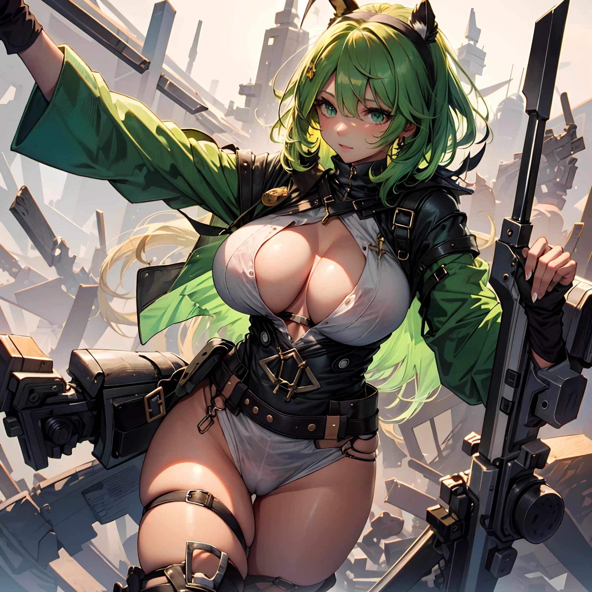 Touching , big breast, body exposed, breast exposed, curvy body, exposed, green hair, short hair, .