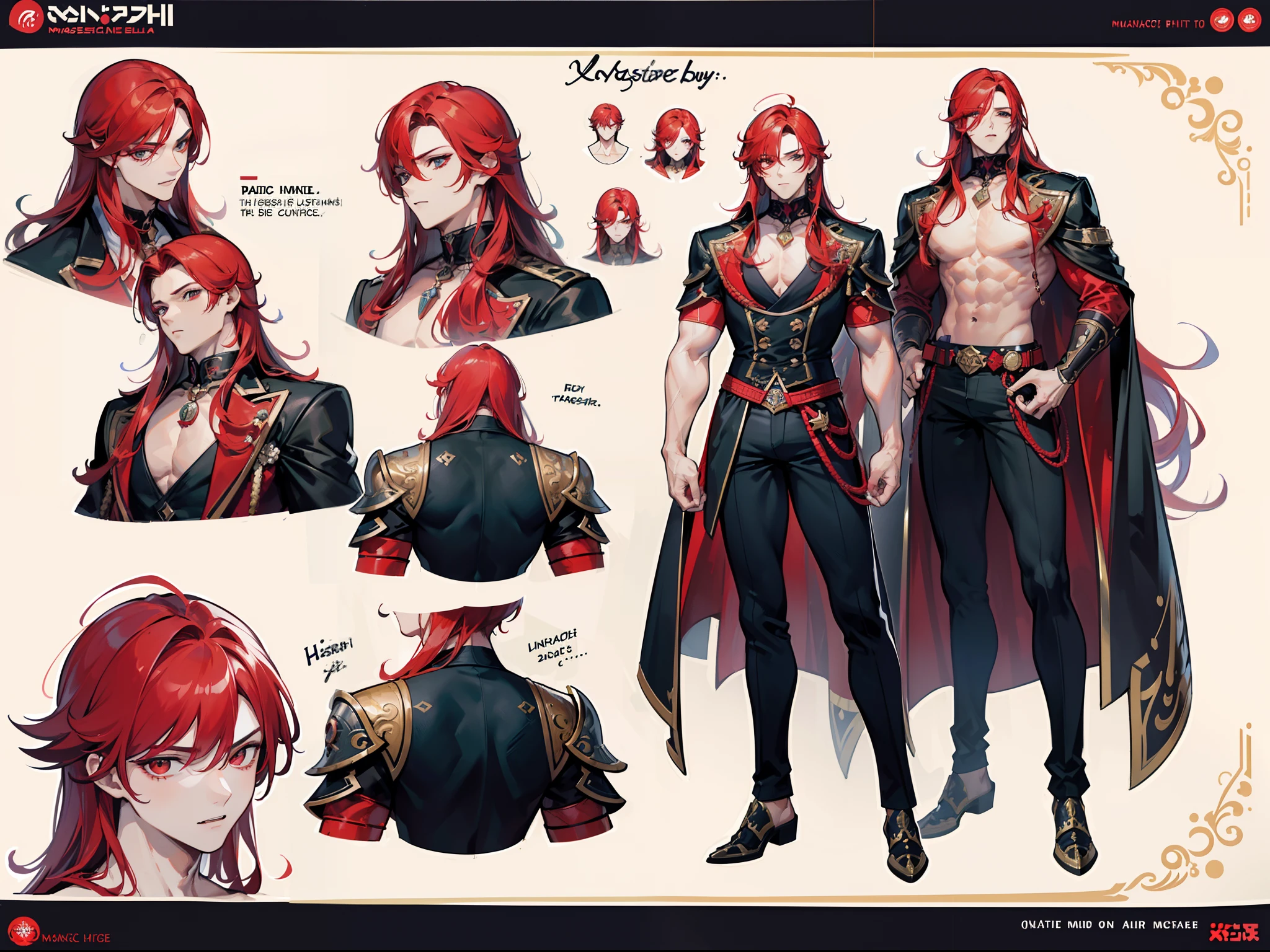((Masterpiece, Highest quality)), Male, boy, Detailed face, character design sheet, full bodyesbian, Full of details, frontal body view, back body view, Highly detailed, Depth, Many parts, Muscle boy with long red hair with long bangs,handsome man, muscle body, vampire outfits clothes, Genshin Impact, man tall, pectoral muscles, abs