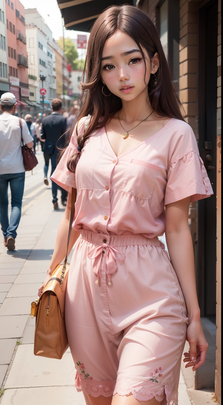 1 Girl in Pink Floral Skirt Shirt, edad "28 years old" bolsa, calle, vestido rosa, Cabello largo, Multiple Boys, Sin tirantes, Correas, zapatillas, Morena, al aire libre, muchedumbre, Vestido sin tirantes, Ciudad, pants, bolso, Camino, bolsa, Bolsa de compras, camisa, brown hair, paso de peatones, tenencia, real world location, Obra maestra, La mejor calidad, La mejor calidad, Super High Resolution, circundante, muchos otros, vestido, andante, ( 1 hombre de mediana edad con cristal y ropa rosa:1.5),