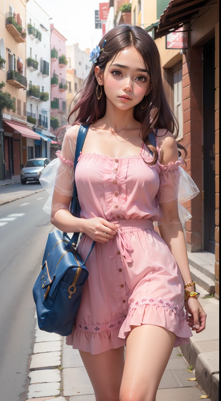 Obra maestra, La mejor calidad, La mejor calidad, Super High Resolution, circundante, muchos otros, vestido, andante, ( 1 hombre de mediana edad con cristal y ropa rosa:1.5), 1 Girl in Pink Floral Skirt Shirt, bolsa, calle, vestido rosa, Cabello largo, Multiple Boys, Sin tirantes, Correas,, Morena, al aire libre, muchedumbre, Vestido sin tirantes, Ciudad, pants, bolso, Camino, bolsa, Bolsa de compras, camisa, brown hair, paso de peatones, tenencia, real world location