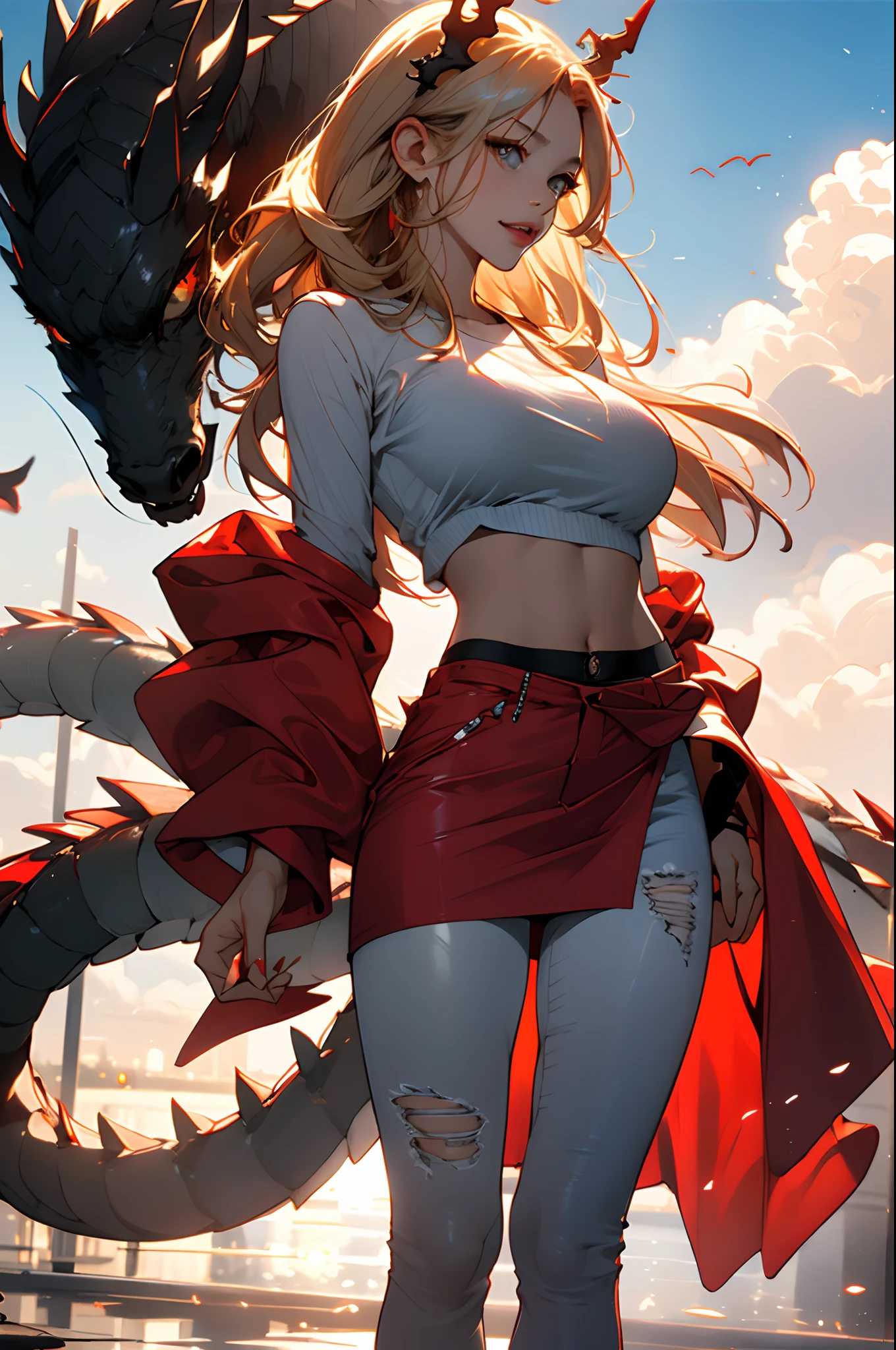 ((Masterpiece)), ((best qualityer)), ((anime profile style)), ((high definition 4k |)), ((anime figure)), ((Body sweating)), girl, female face , cheerfulness, ((Liberation)), ((dragon horns on the head)), ssmile, bocchi, Lips, ((teeth showing)), with fair skin, ((dragon eye)), eyelid, pupils, sclera, irises , eyebrow, eyeslashes, hor ears, nase, ((hair in red white colors)), Neck strap, bshoulders, ((white shirt)), (big breasts thin waist), ((Ripped pants)), ((perfect abdomen)), Arms , ((thick leg)), ((upper legs)), background scenery, ((There is no park)), wonderful day out, suns, clouds, beautful view, ((The person in the background is out of focus)), viewer view