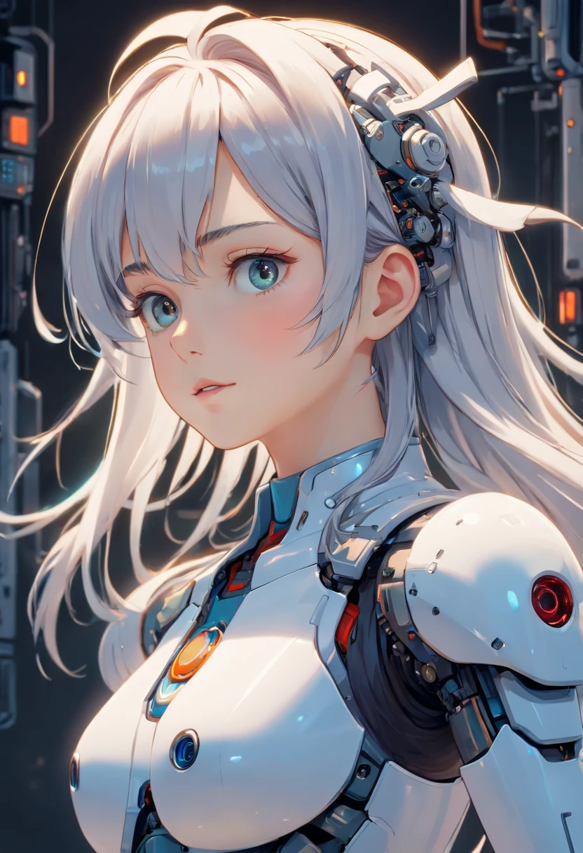 1girl in,Female,Complex 3D Rendering Super Detailed Beautiful Porcelain Profile Female Android Face, cyborgs, Robot Parts, 150mm, Beautiful studio soft lights, Rim Lights, Vivid details, Gorgeous Cyberpunk, Racing, Surreal, Anatomical , face muscles, cable wires, microchips, Elegant, Beautiful background, Octane Rendering, HR Giger Style, 8K, of the highest quality, masutepiece, Illustration, Very delicate and beautiful, Highly detailed, nffsw, uniform, Wallpaper, ( Realistic, Photorealistic: 1.37), Awesome, Finely detailed, masutepiece, of the highest quality, Official art, Highly detailed ticker Unity 8K wallpapers, Absurd, Incredibly absurd, Droid, Silver Halmet, Full body, Sitting,fullllbody