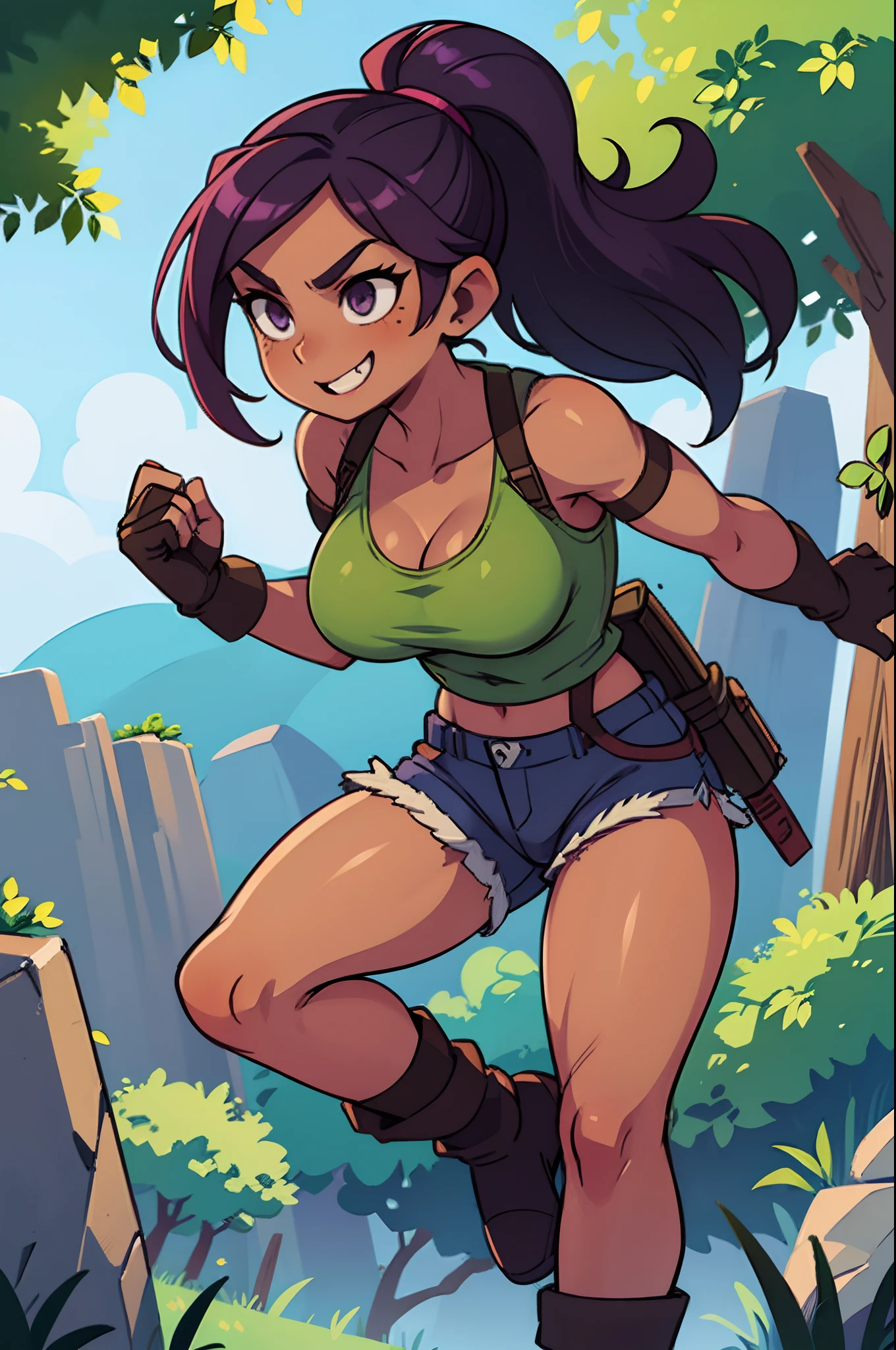 (Lara Croft :1.2), (Yoruichi Shihouin :0.85), cleavage, 25yo woman, hazel eyes, long purple hair in a ponytail, adventures outfit, big breasts, waist, green tank-top and tan jean shorts, white sox, black gloves, hiking boots, thigh gun holsters, purple hair, determined smile, beautiful woman, hourglass figure, solo mature woman, strong muscular woman, masterpiece, Sharp focus :1.2, A pretty woman with perfect figure :1.4, Slender abs :1.2, (dark skin, dark-skinned female:1.2),