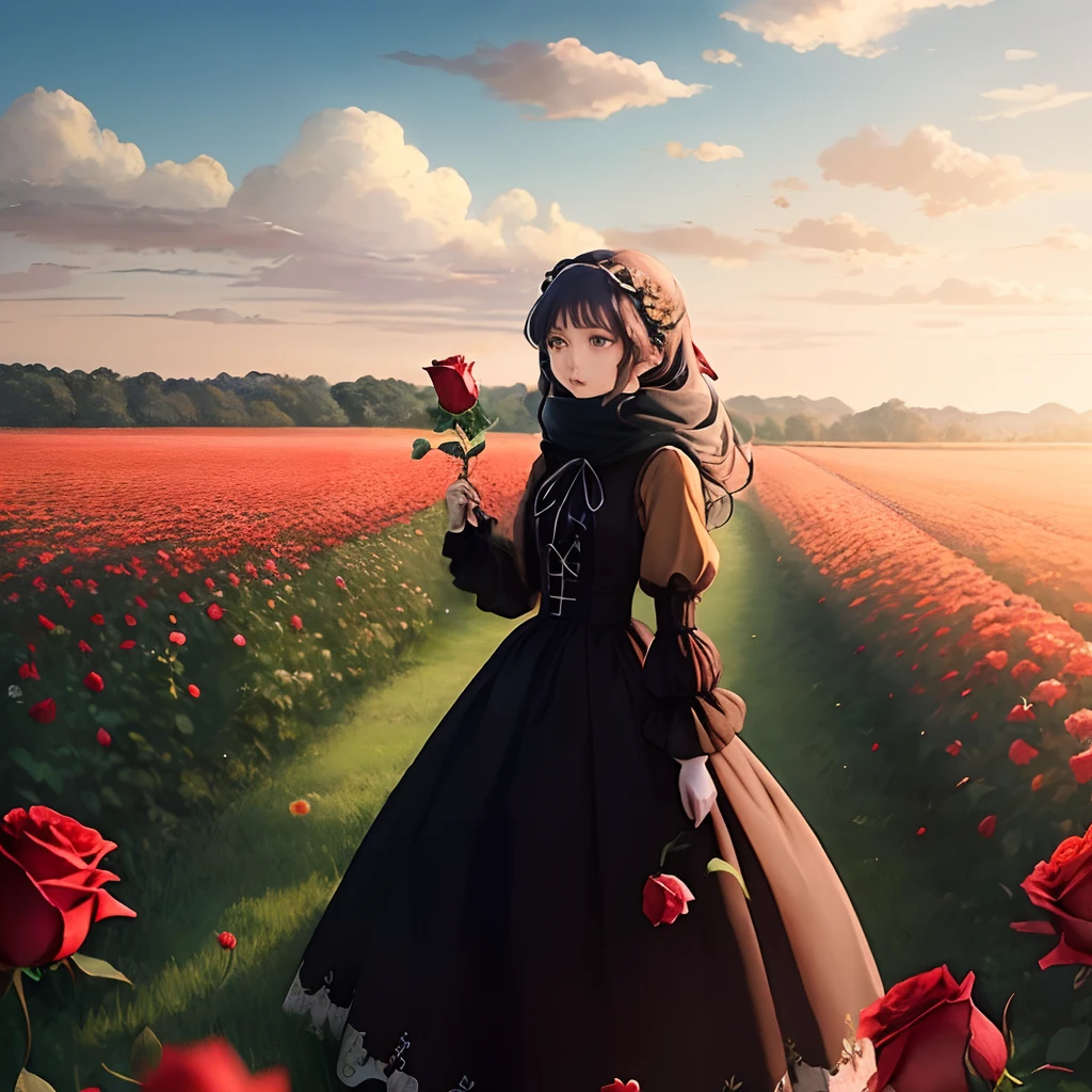 beautiful anime in field with roses