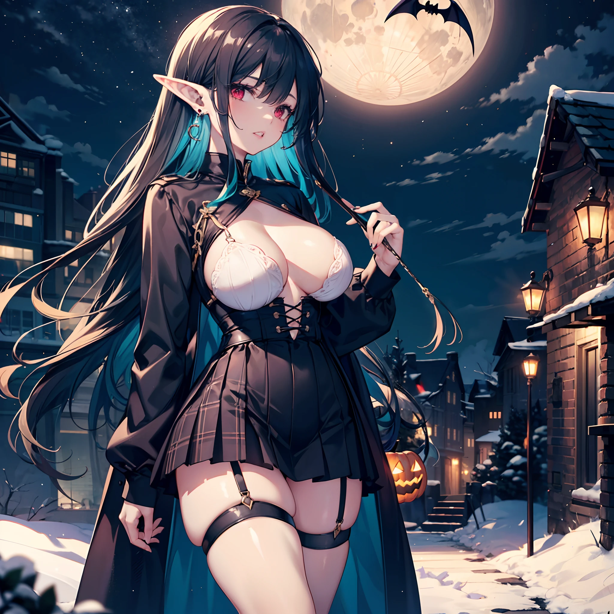 Realistic and detailed image of an elf. Dressed in a long tunic and checkered miniskirt with pleats and garter belts. Unusually shiny long black silky hair. Turquoise red eyes. She has earrings and long eyelashes. She has full lips and vampire teeth. Big breasts, thin waist, very wide hips and thick thighs. Side view. Arched back. She is walking in a city. Snowy night. Dark environment. Halloween. Starry Night.