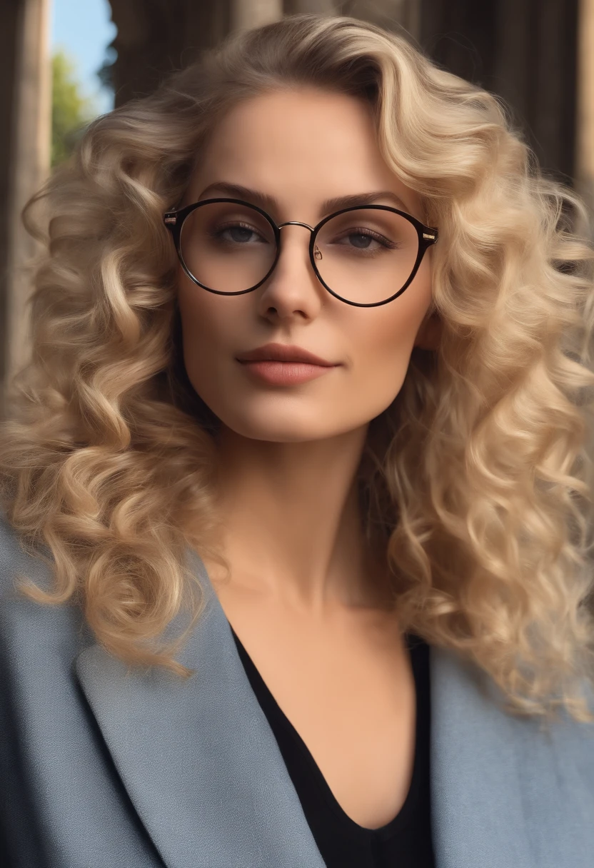 blonde woman, curly hair, round glasses, characteristics of an INTP. Loves art, philosophy, history, literature, France, Argentina, martial arts, Full HD, 8K