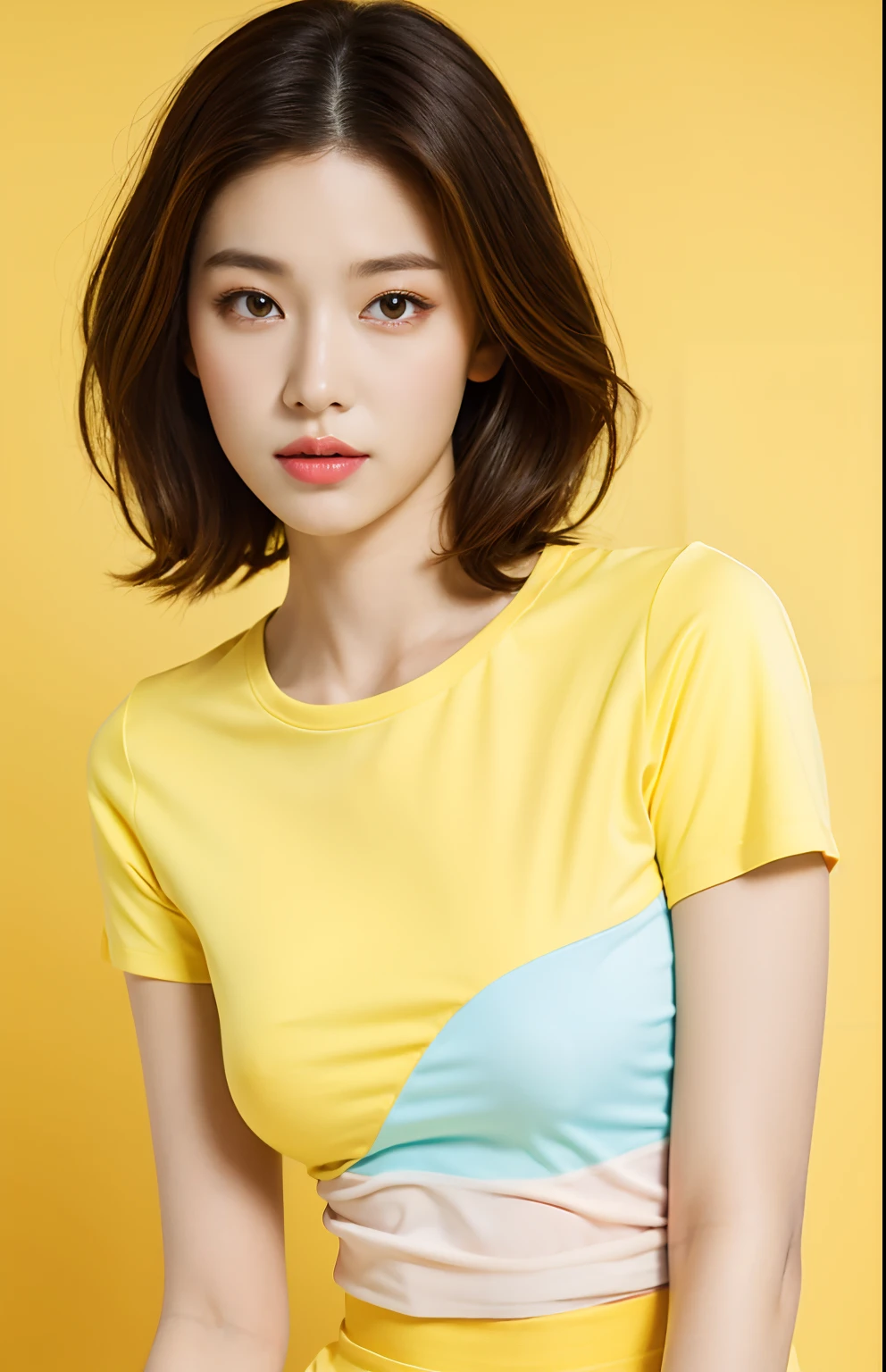 Best quality,masterpiece,ultra high res,(photorealistic:1.4),1girl, White short-sleeved T-shirt, in studio, pastel yellow background,