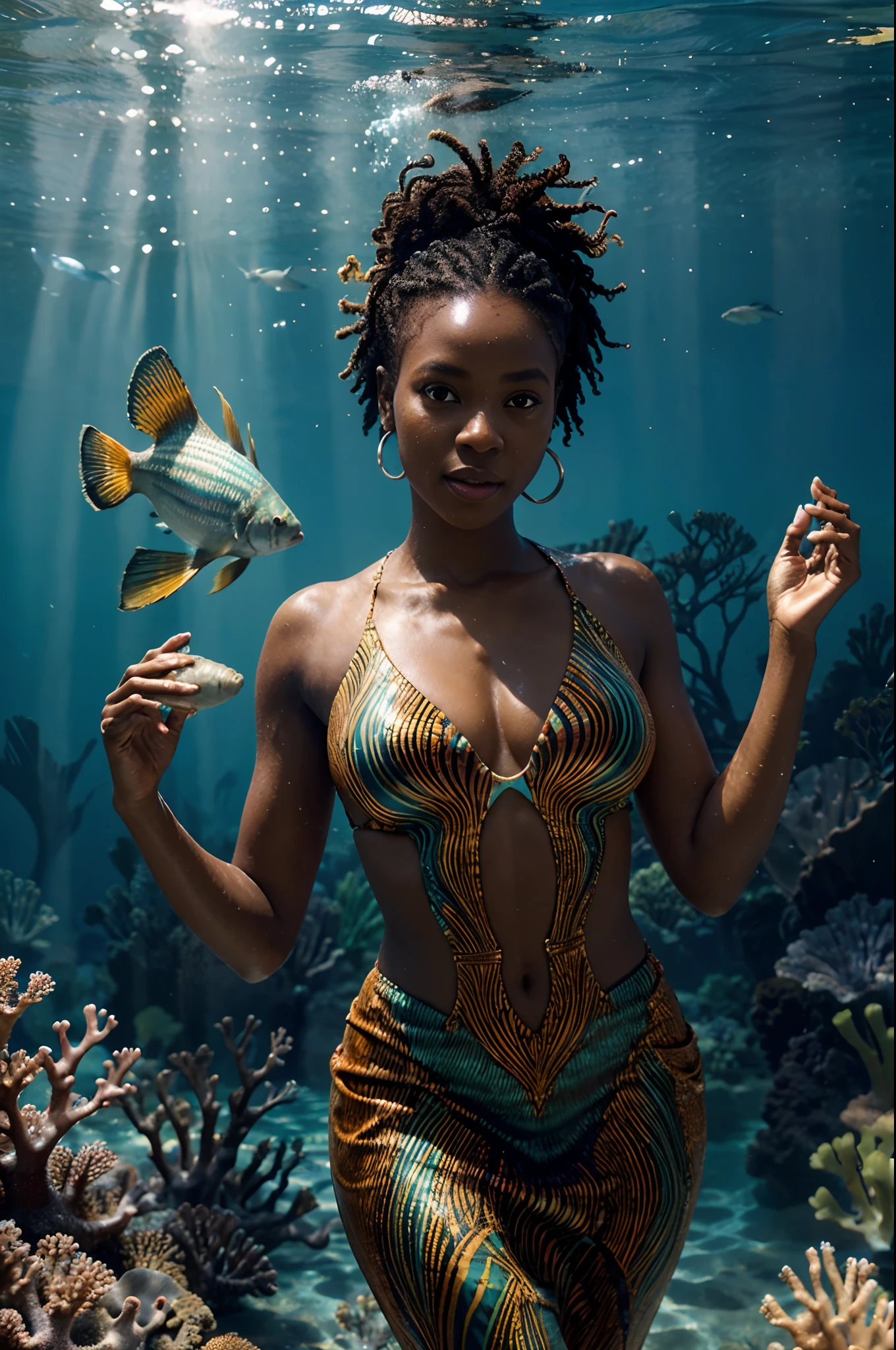 African woman dressed in african designed clothes, swimming under water in the ocean, taking a selfie, with various fish and sea animals swimming around her,  beauriful coral reefs glowing in the water, soft light shining through the water, with beautiful iridescent light, artgerm style, 32k, ultra HD, unreal engine rendered, hyper-realistic image