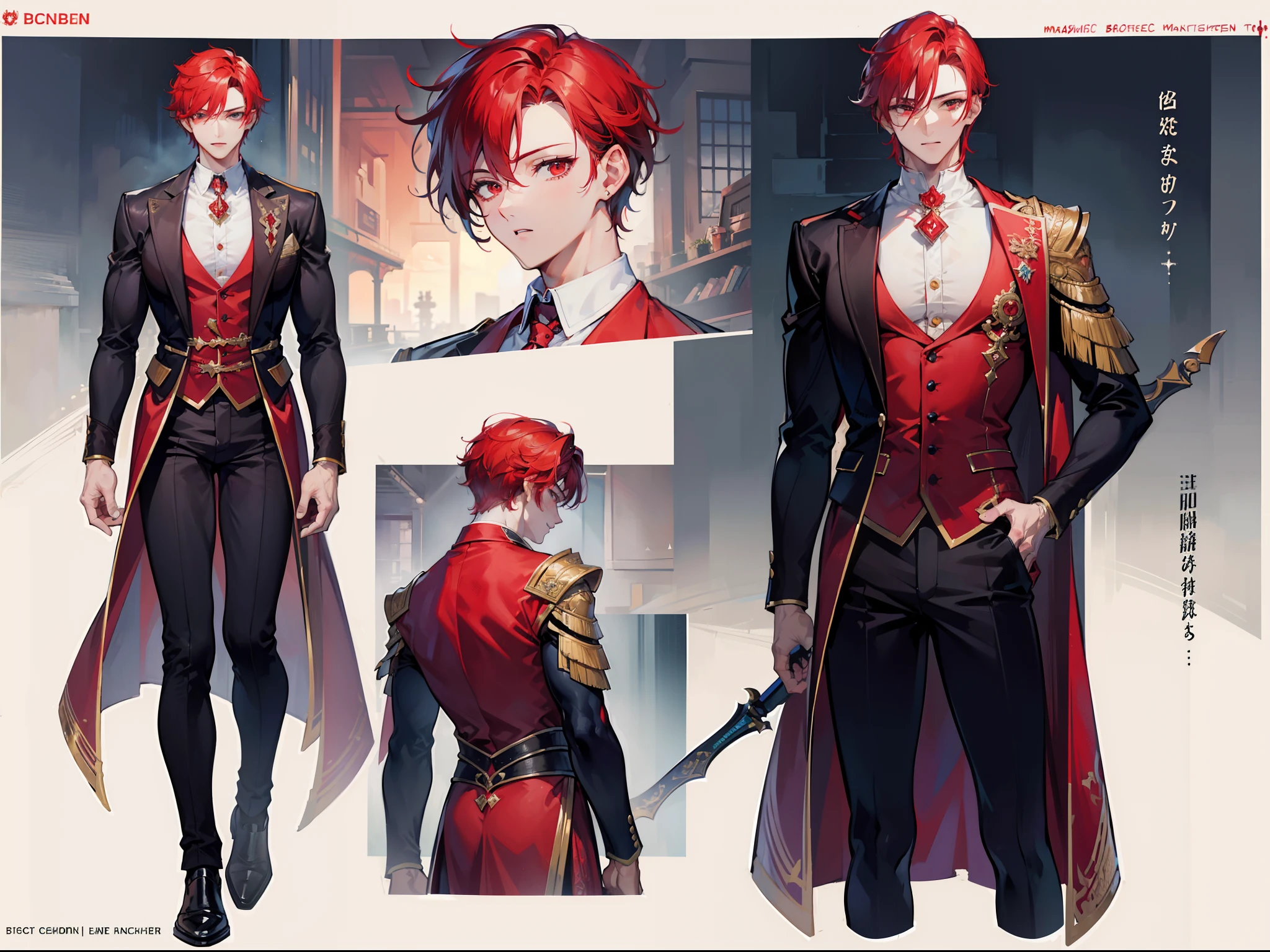 ((Masterpiece, Highest quality)), Male, boy, Detailed face, character design sheet, full bodyesbian, Full of details, frontal body view, back body view, Highly detailed, Depth, Many parts, Muscle boy with red hair,handsome man, vampire outfit clothes, man tall