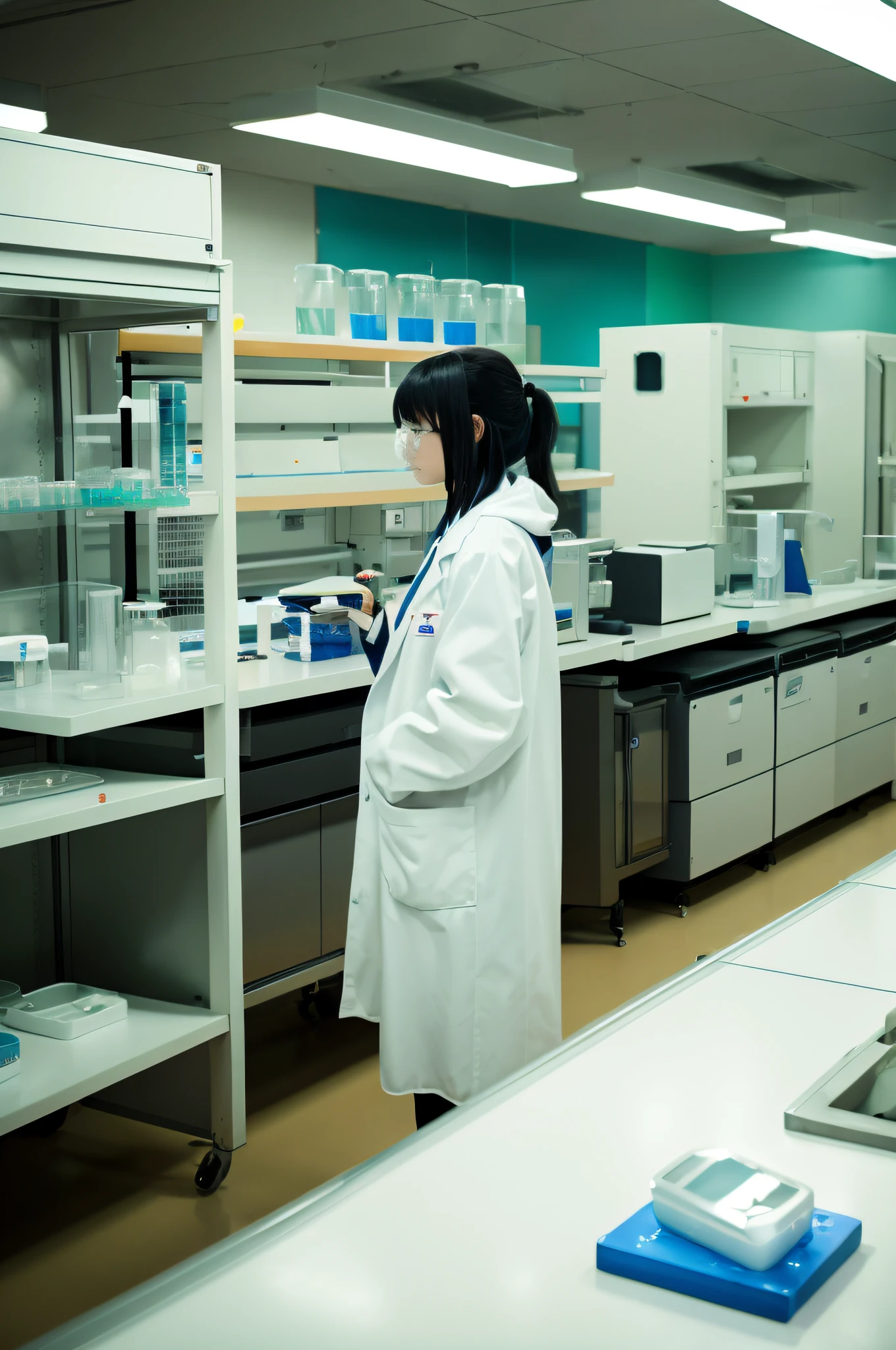 Several people in white coats are standing around the counter, In the chemistry chamber, Science Lab, Laboratory experiments, Chemical Walk Shop, experiment, in a lab, Chemistry room, scientist, In the chemistry chamber, Scene!!, laboratory, japanese high school, Work in her chemistry laboratory, Indoor Lab Scene, Have a flask、University、animesque、Ghibli style