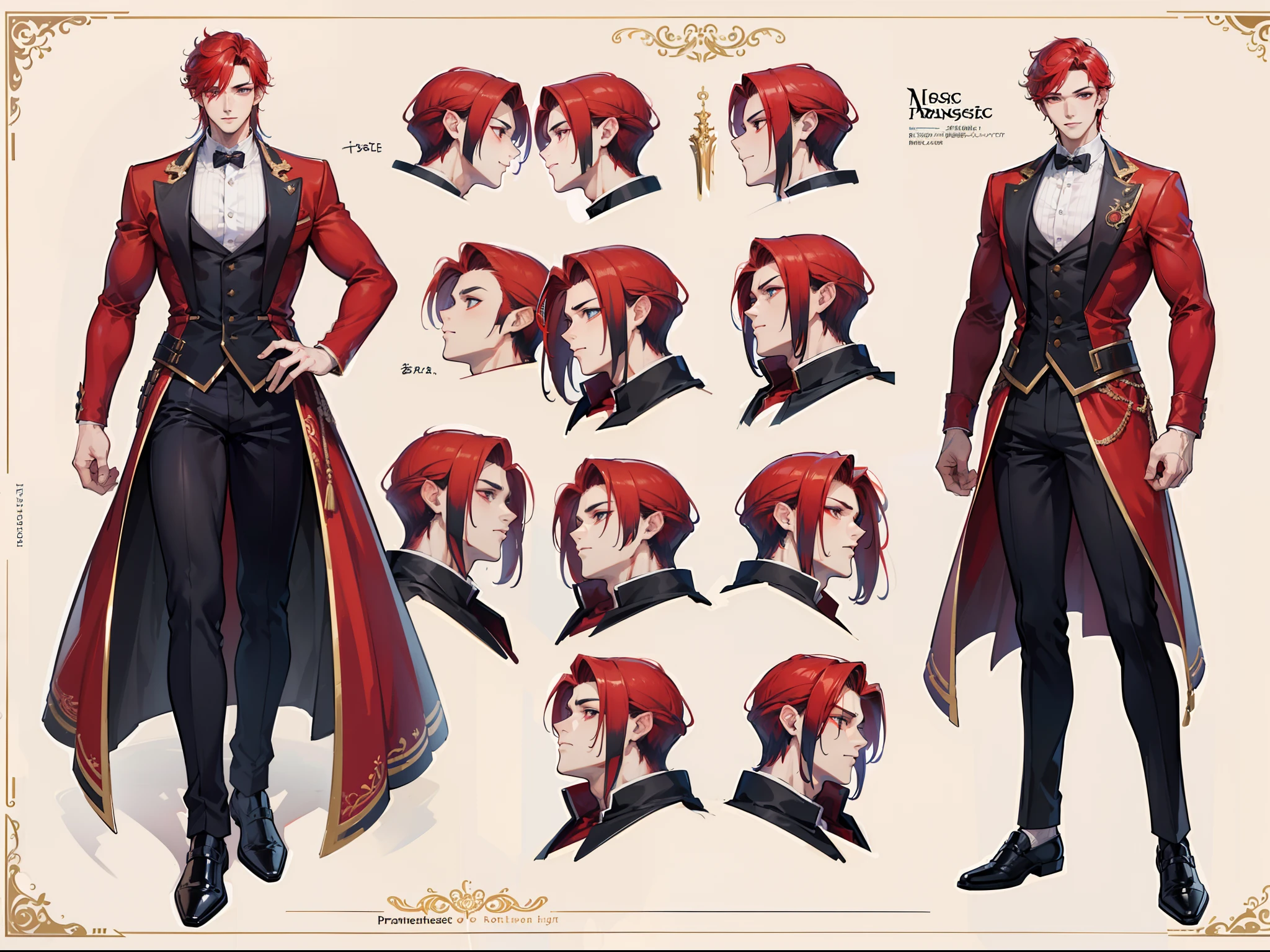 ((Masterpiece, Highest quality)), Male, boy, Detailed face, character design sheet， full bodyesbian, Full of details, frontal body view, back body view, Highly detailed, Depth, Many parts, Muscle boy with red hair，handsome man, vampire outfit clothes, man tall