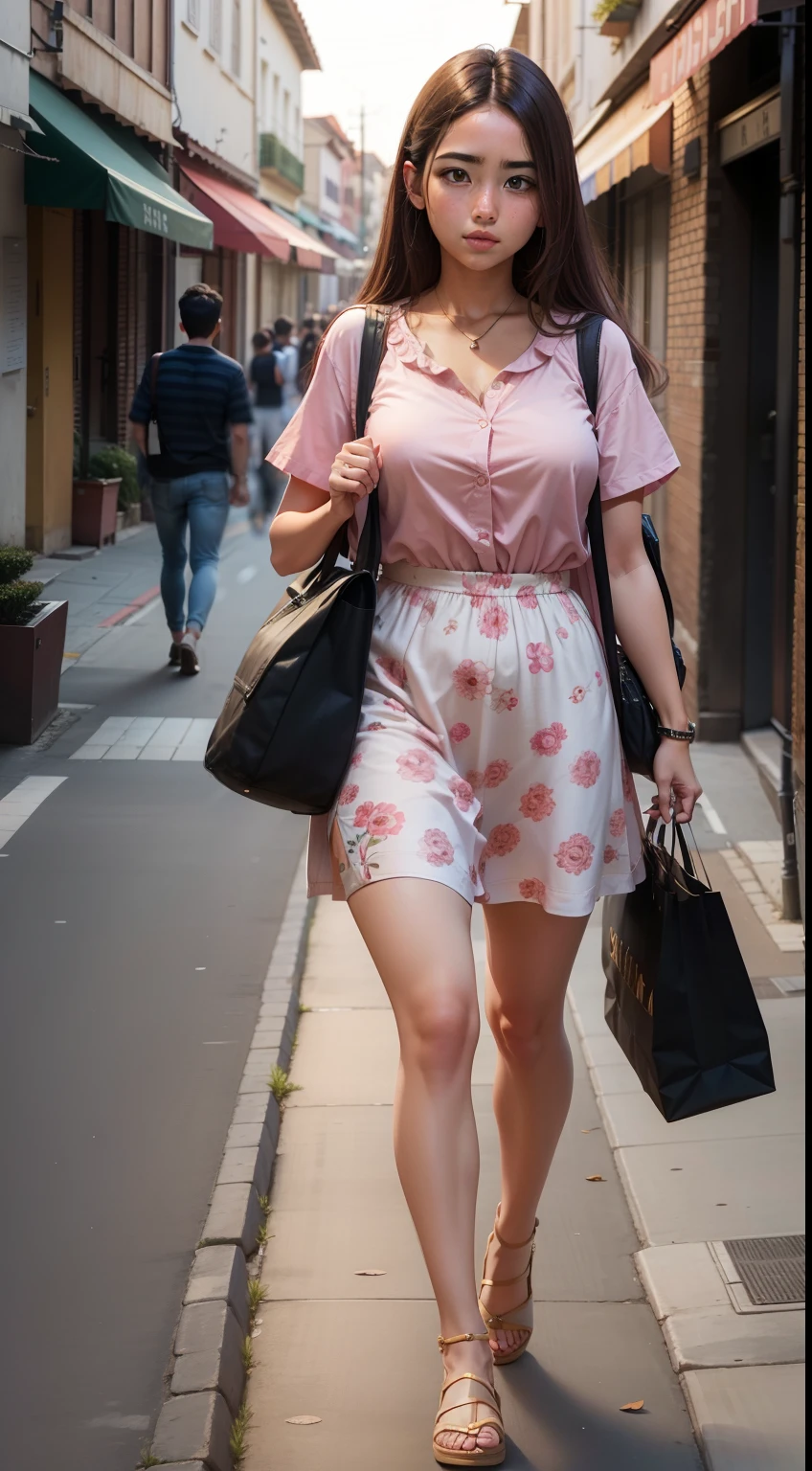 Caminando, full body, 1 Girl in Pink Floral Skirt Shirt, edad "28 years old" bolsa, calle, vestido rosa, Cabello largo, Multiple Boys, Sin tirantes, Correas, zapatillas, Morena, al aire libre, muchedumbre, Vestido sin tirantes, Ciudad, pants, bolso, Camino, bolsa, Bolsa de compras, camisa, brown hair, paso de peatones, tenencia, real world location, Obra maestra, La mejor calidad, La mejor calidad, Super High Resolution, circundante, muchos otros, vestido, andante,
