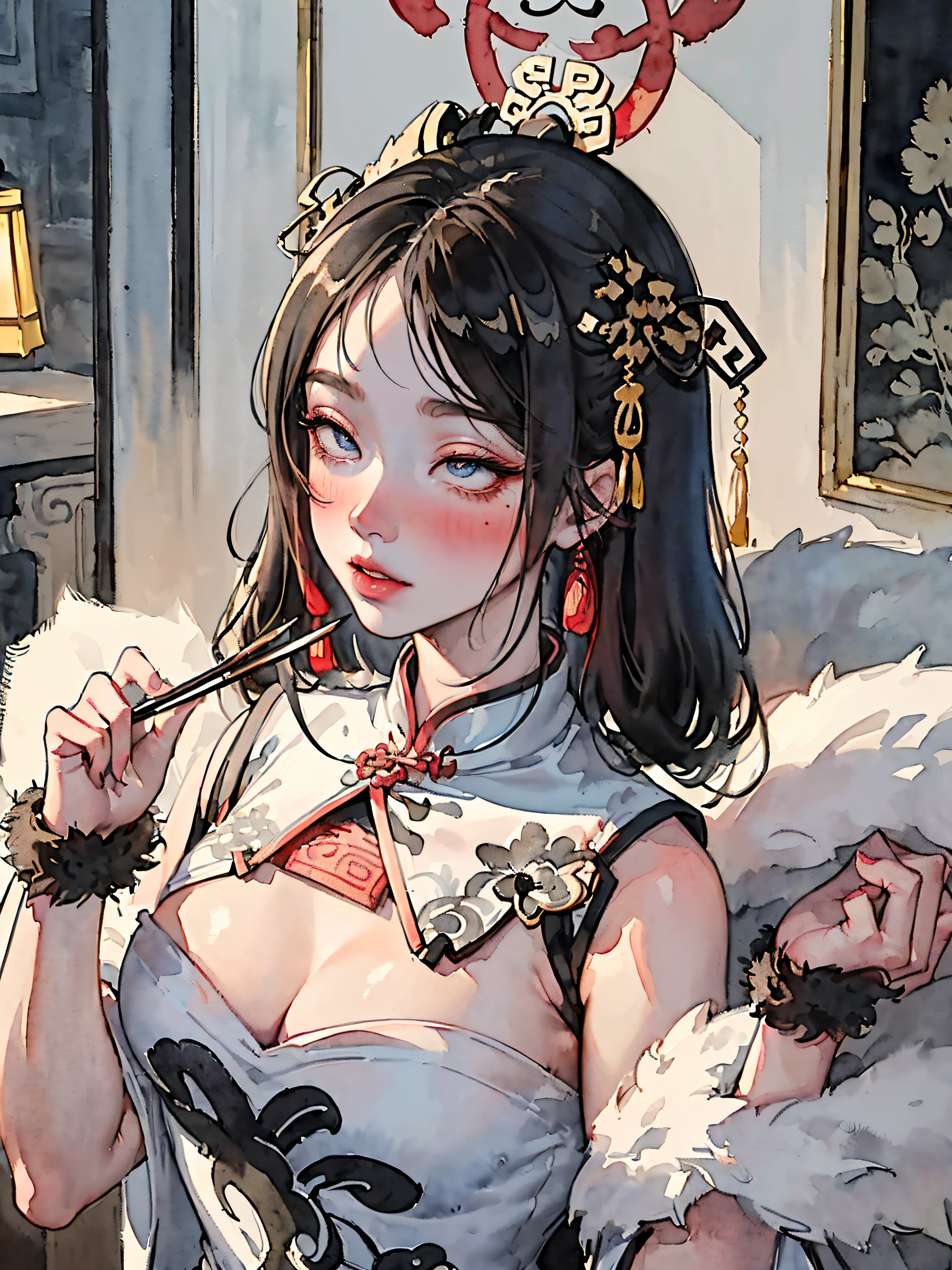 (((((((Chinese ink painting，watercolor paiting，ancient chinese qipao,wipe chest,blush，fur cuffs,)))))))，((1girl,young,amazing,sharp focus,adorable girl，Solo,))(Masterpiece,Best quality, offcial art, Beautiful and aesthetic:1.2),((超高分辨率,Golden ratio,)) (16k),((from above，succubi，busty body)),(Physically-based rendering),Amazing,Sharp focus, (((highdetailskin,))),Intricately detailed clothing，Delicate pupils,star pupils,crimson pupils,danfeng eye,((((detailed hair,long hair|Shaggy cut|Long bold side bangs|Sleek cut|Undercut)))),Slender,(masterpiece sidelighting),(The sheen),(beautiful hair,beautiful eyes,）[[Delicate fingers and hands:0.55]::0.85],(Detail fingers),((unbelievable Ridiculous,)),((extremely_Detailed_Eyes_and_face)),Movie girl,(Dynamic configuration: 1.2),Brilliant,Glossy, (Photorealistic), The light from the back window is backlighted,mitts, ((hairpin)), Side Rock,high boost, two-sided fabric,(dynamic pose),disheveled hair,Ultra-precise depiction, Ultra-detailed depiction,