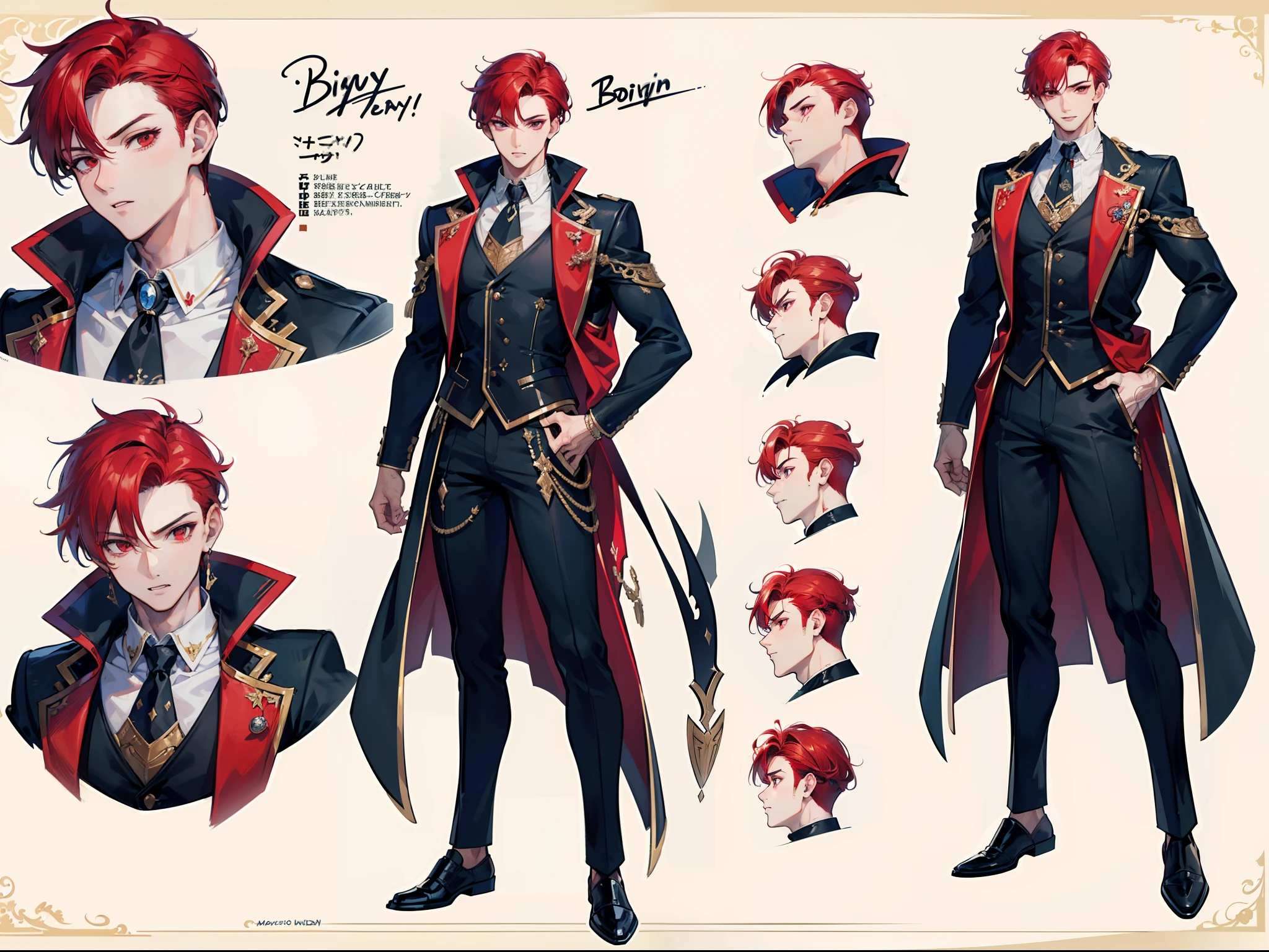 ((Masterpiece, Highest quality)), Male, boy, Detailed face, character design sheet， full bodyesbian, Full of details, frontal body view, back body view, Highly detailed, Depth, Many parts, Muscle boy with red hair，handsome man, vampire outfit clothes, man tall