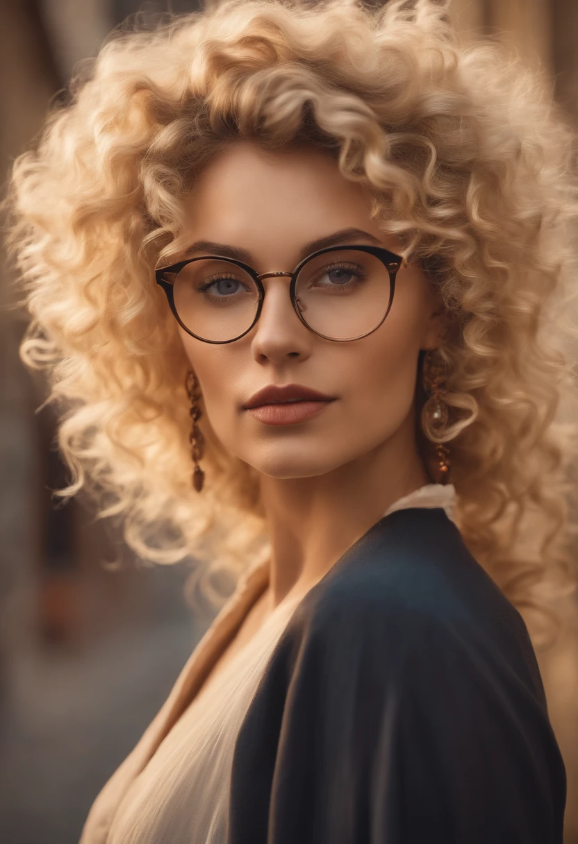 blonde woman, curly hair, round glasses, characteristics of an INTP.  Loves art, philosophy, history, literature, France, Argentina, martial arts, Full HD, 8K