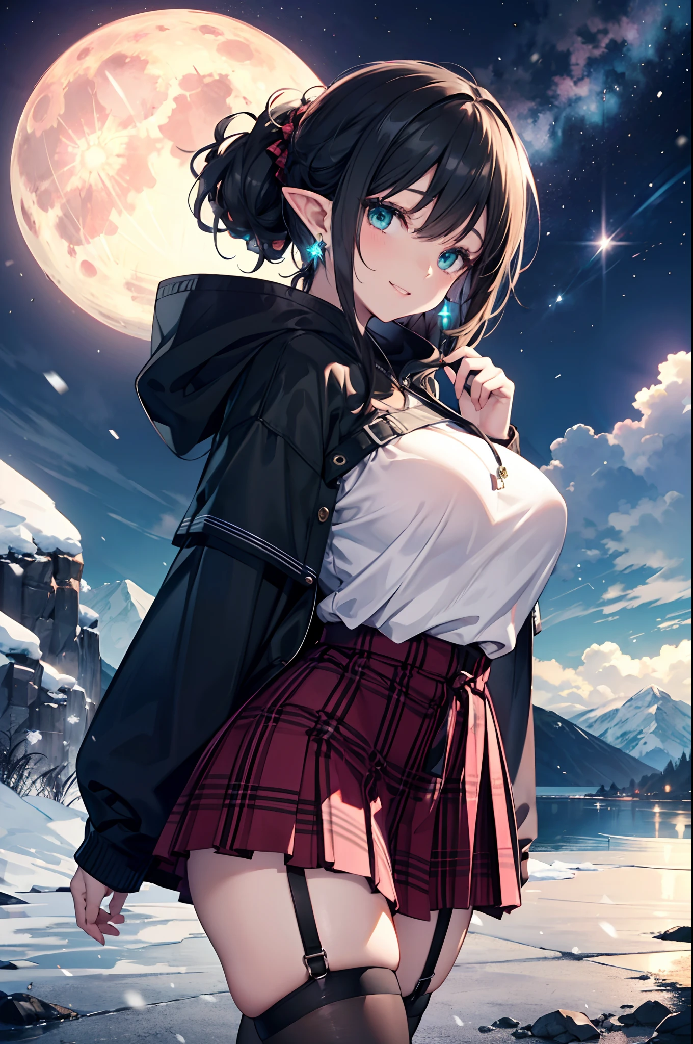 Realistic and detailed image of an elf. Dressed in a hooded sweater and a plaid miniskirt with pleats and garter belts. Unusually shiny long black silky hair. Turquoise eyes. She has earrings and long eyelashes. She has full, smiling lips. Big breasts, thin waist, very wide hips and thick thighs. Side view. Arched back. She is walking near a mountain. Snowing night. Dark environment. Giant full moon. Starry Night.