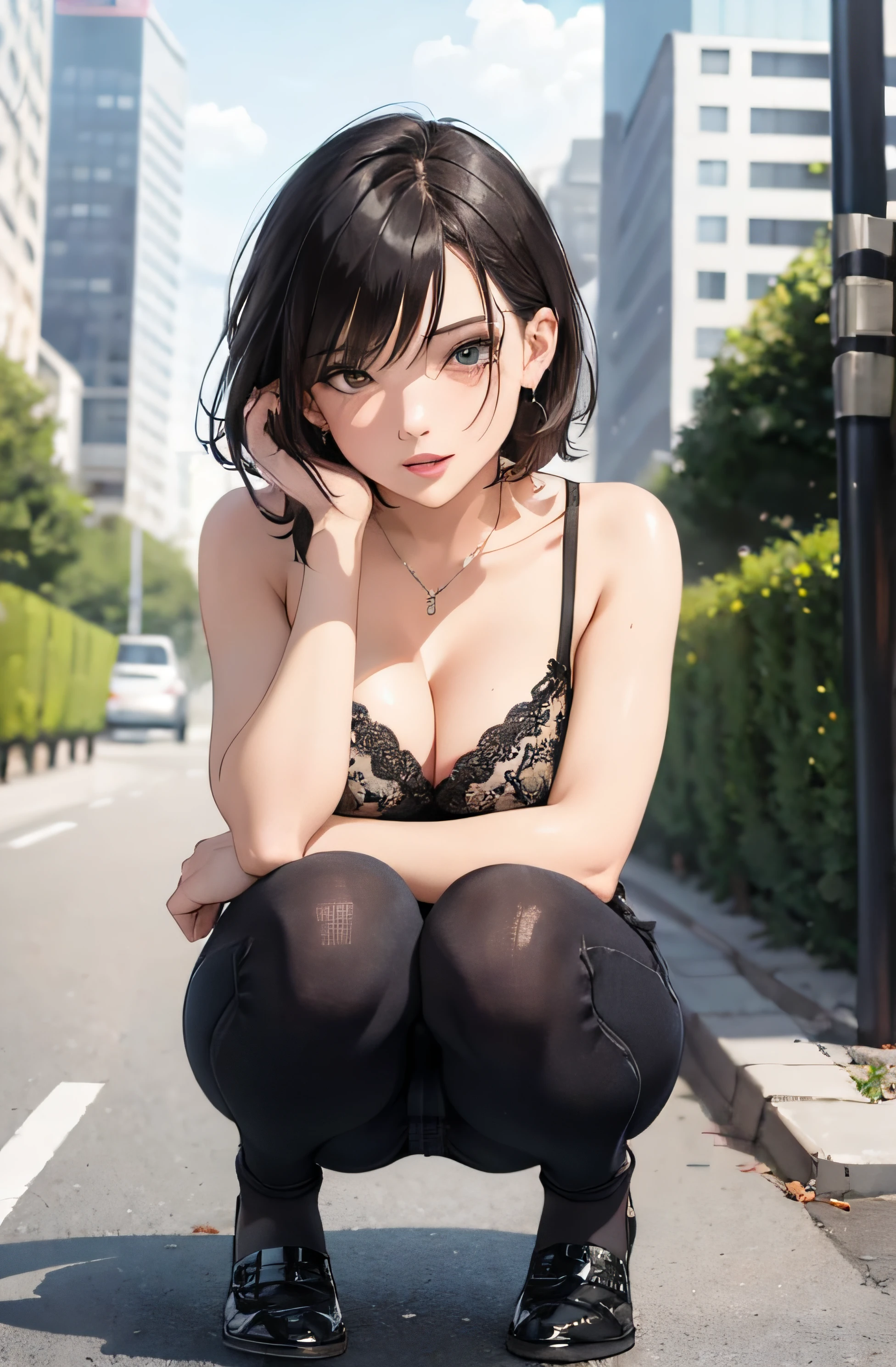 girl in summer clothes, jeans, squatting on the ground, black pantyhose, making as if she wants to kiss you, view from the viewer, short hair, medium breasts, cleavage, cityscape, flirtatious look, ((very detailed)), (perfectly detailed face), (well detailed hand) photorealistic image.